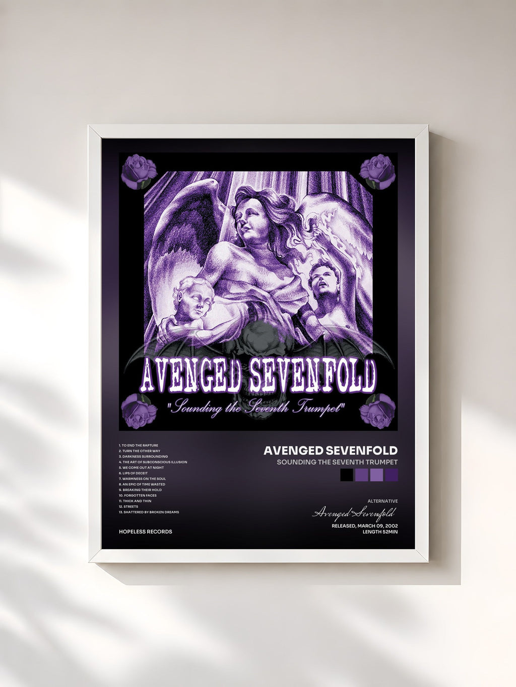 #blanc Tableau de l'album Sounding The Seventh Trumpet de Avenged Sevenfold, cadre blanc, imprimé et encadré en France