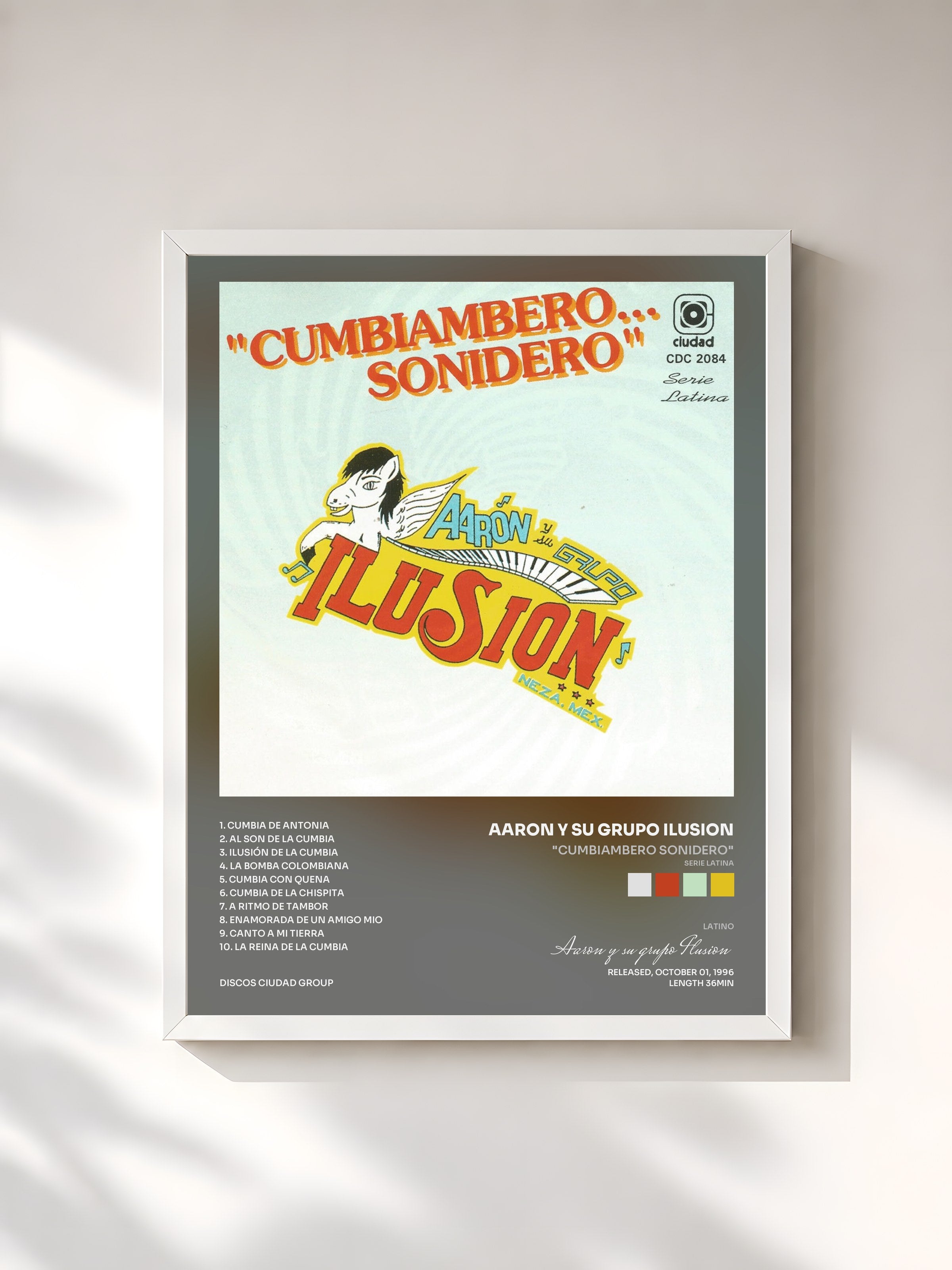 #blanc Tableau de l'album "Cumbiambero Sonidero" (Serie Latina) de Aaron y su grupo Ilusion, cadre blanc, imprimé et encadré en France