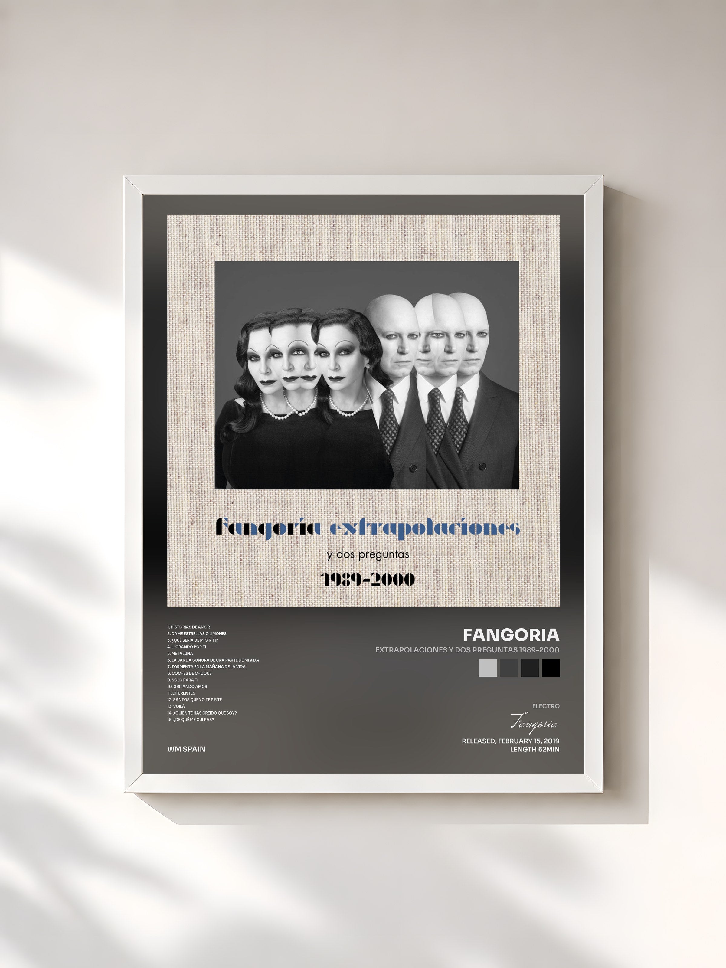 #blanc Tableau de l'album Extrapolaciones y dos preguntas 1989-2000 de Fangoria, cadre blanc, imprimé et encadré en France