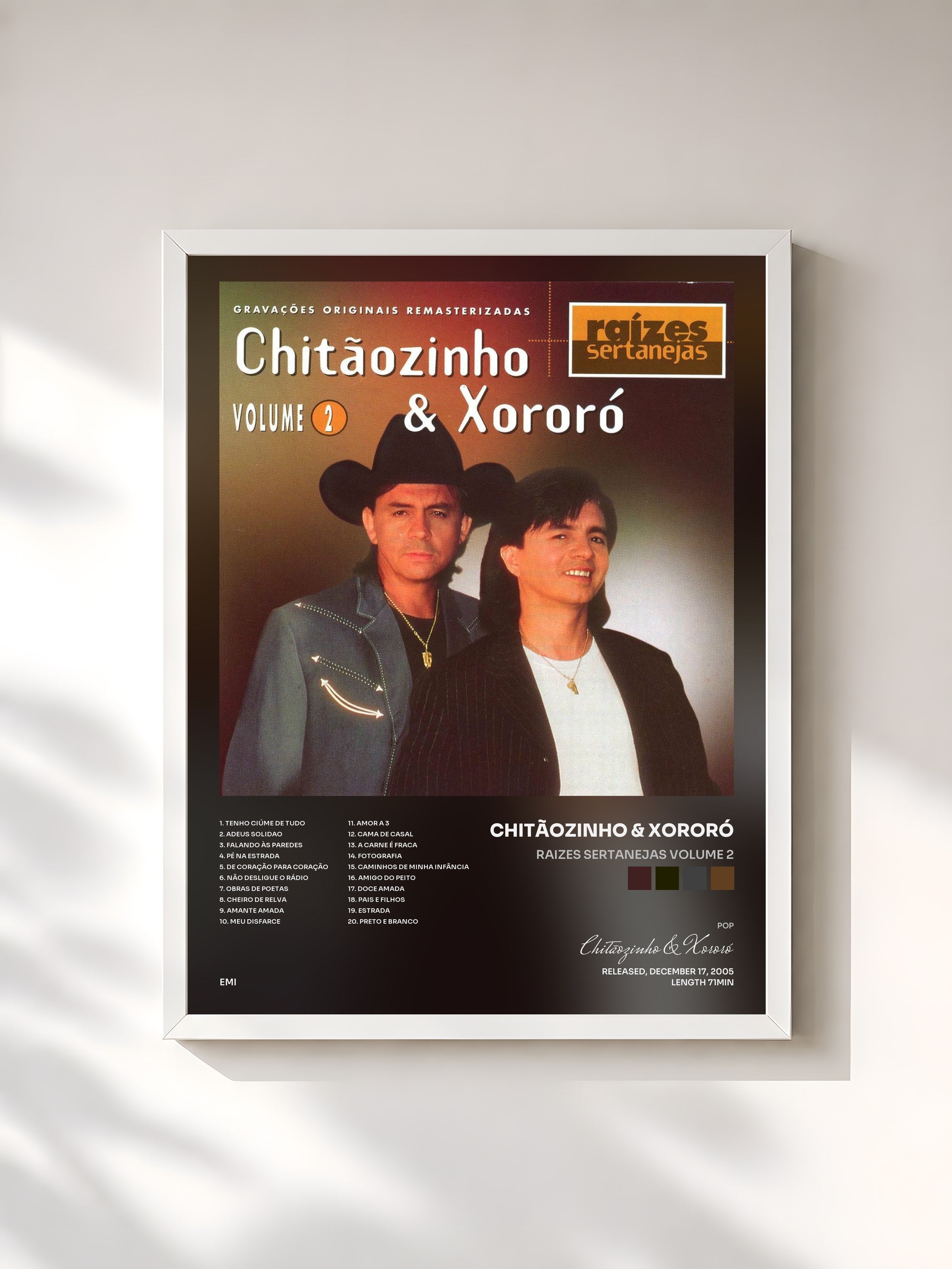 #blanc Tableau de l'album Raizes Sertanejas Volume 2 de Chitãozinho & Xororó, cadre blanc, imprimé et encadré en France