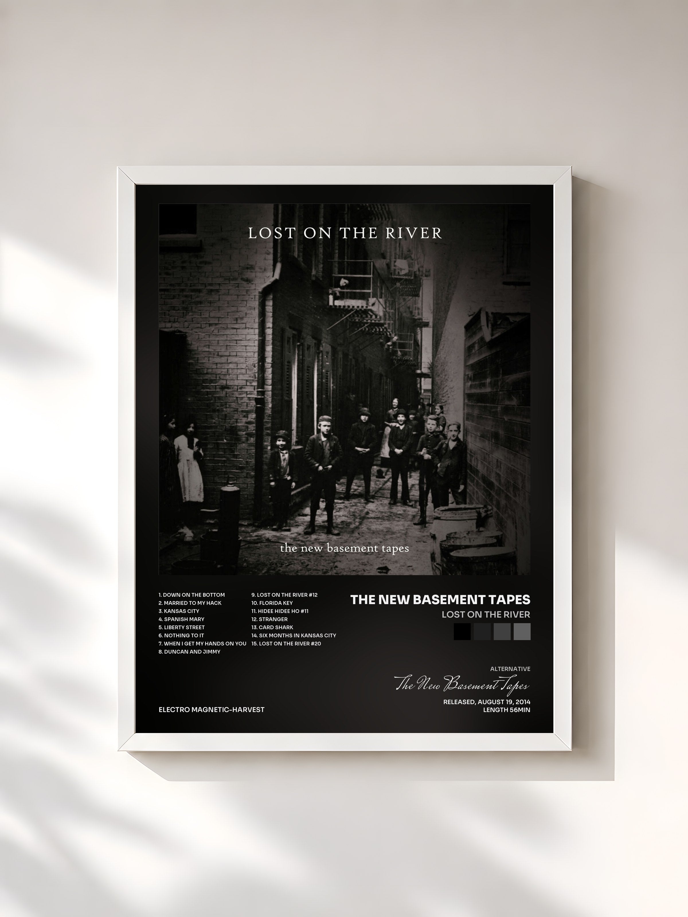 #blanc Tableau de l'album Lost On The River de The New Basement Tapes, cadre blanc, imprimé et encadré en France