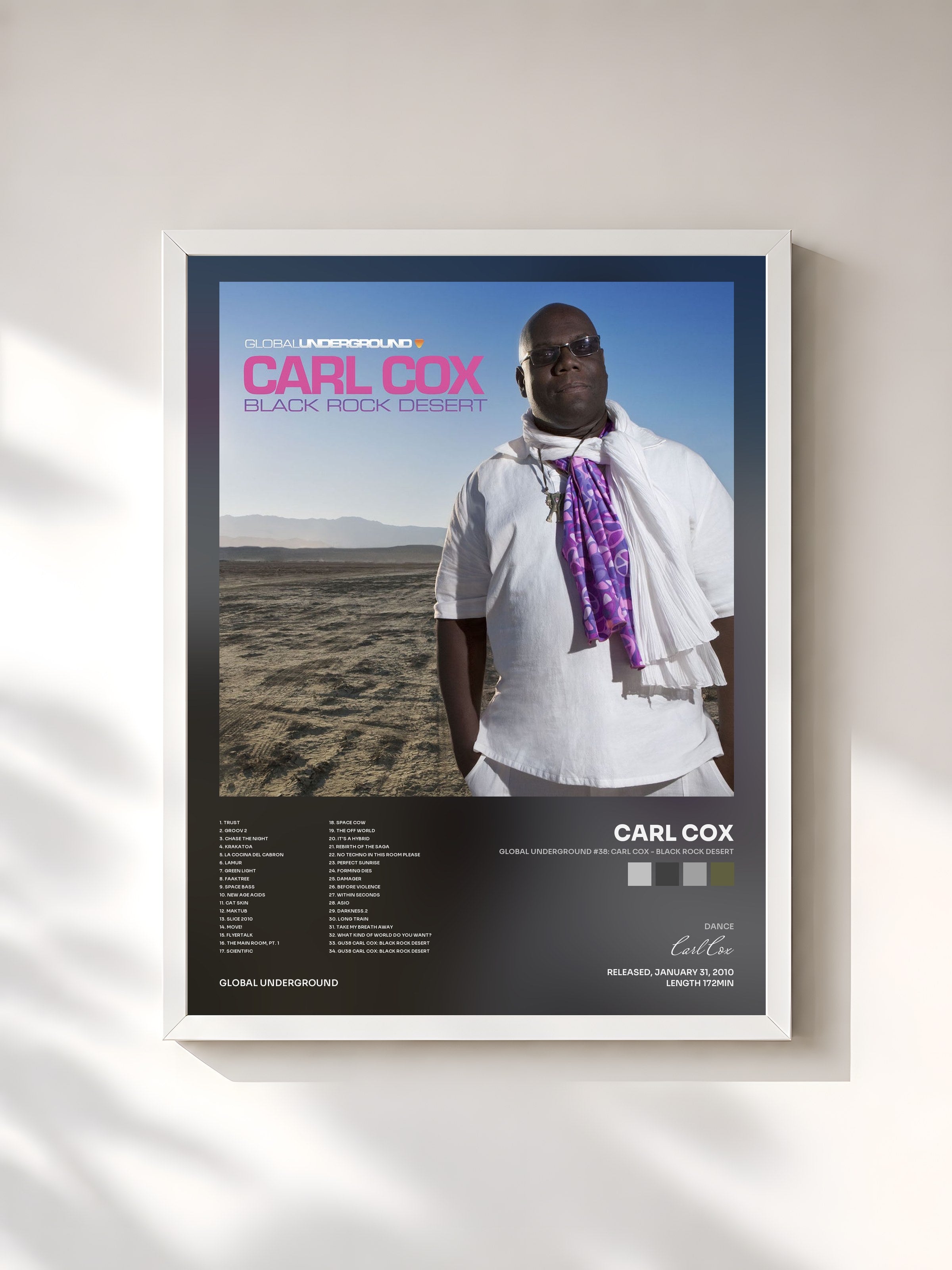 #blanc Tableau de l'album Global Underground #38: Carl Cox - Black Rock Desert de Carl Cox, cadre blanc, imprimé et encadré en France