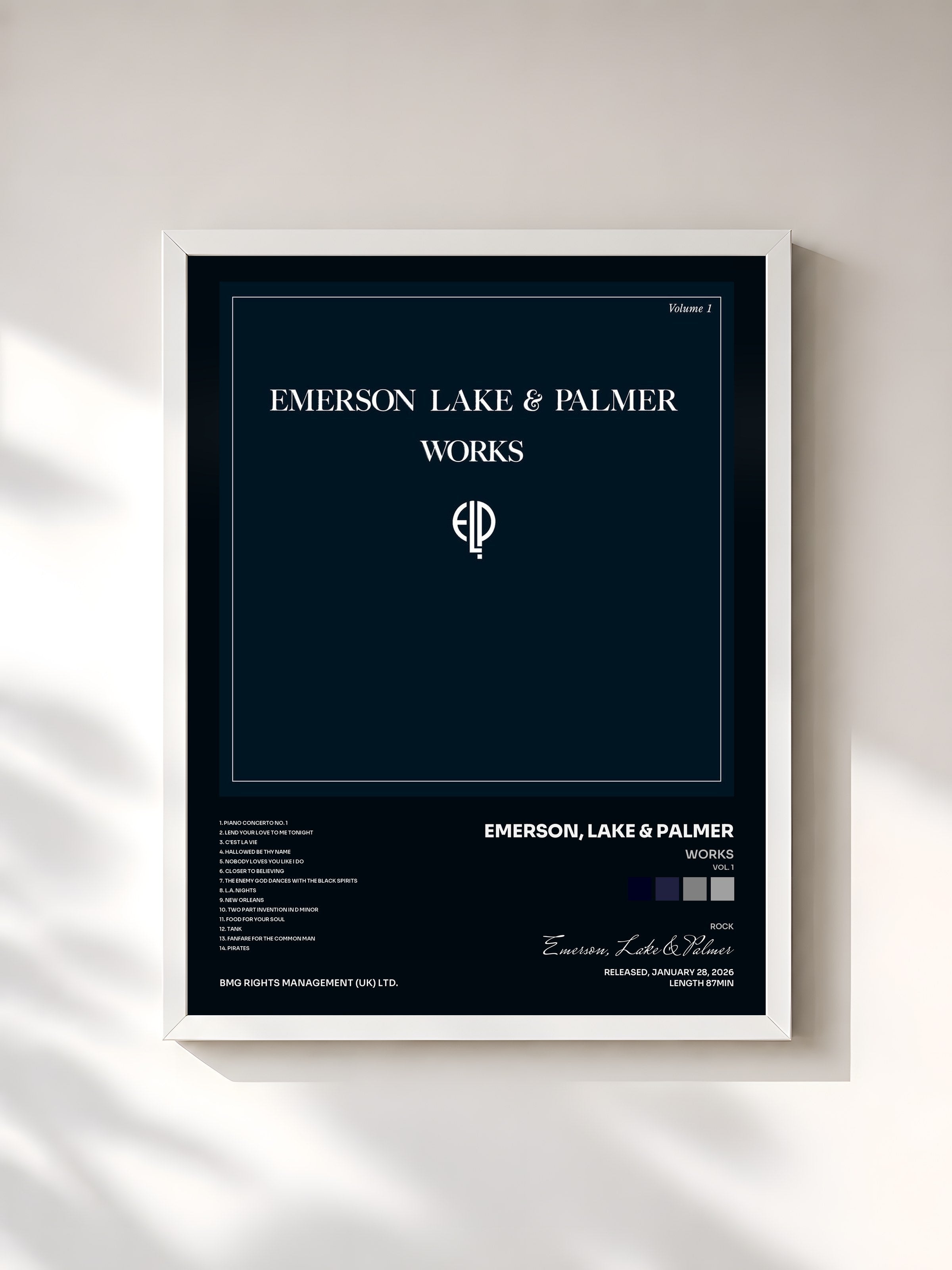 #blanc Tableau de l'album Works (Vol. 1) de Emerson, Lake & Palmer, cadre blanc, imprimé et encadré en France