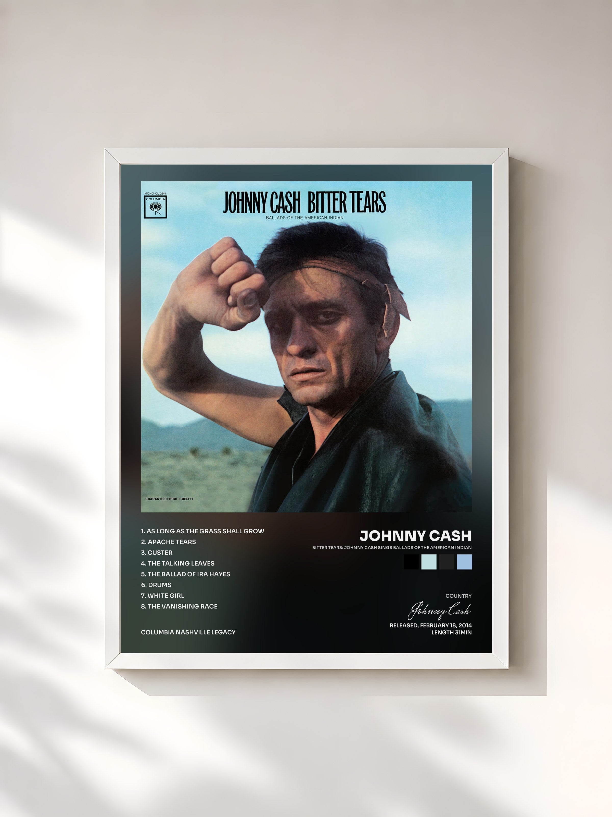 #blanc Tableau de l'album Bitter Tears: Johnny Cash Sings Ballads Of The American Indian de Johnny Cash, cadre blanc, imprimé et encadré en France
