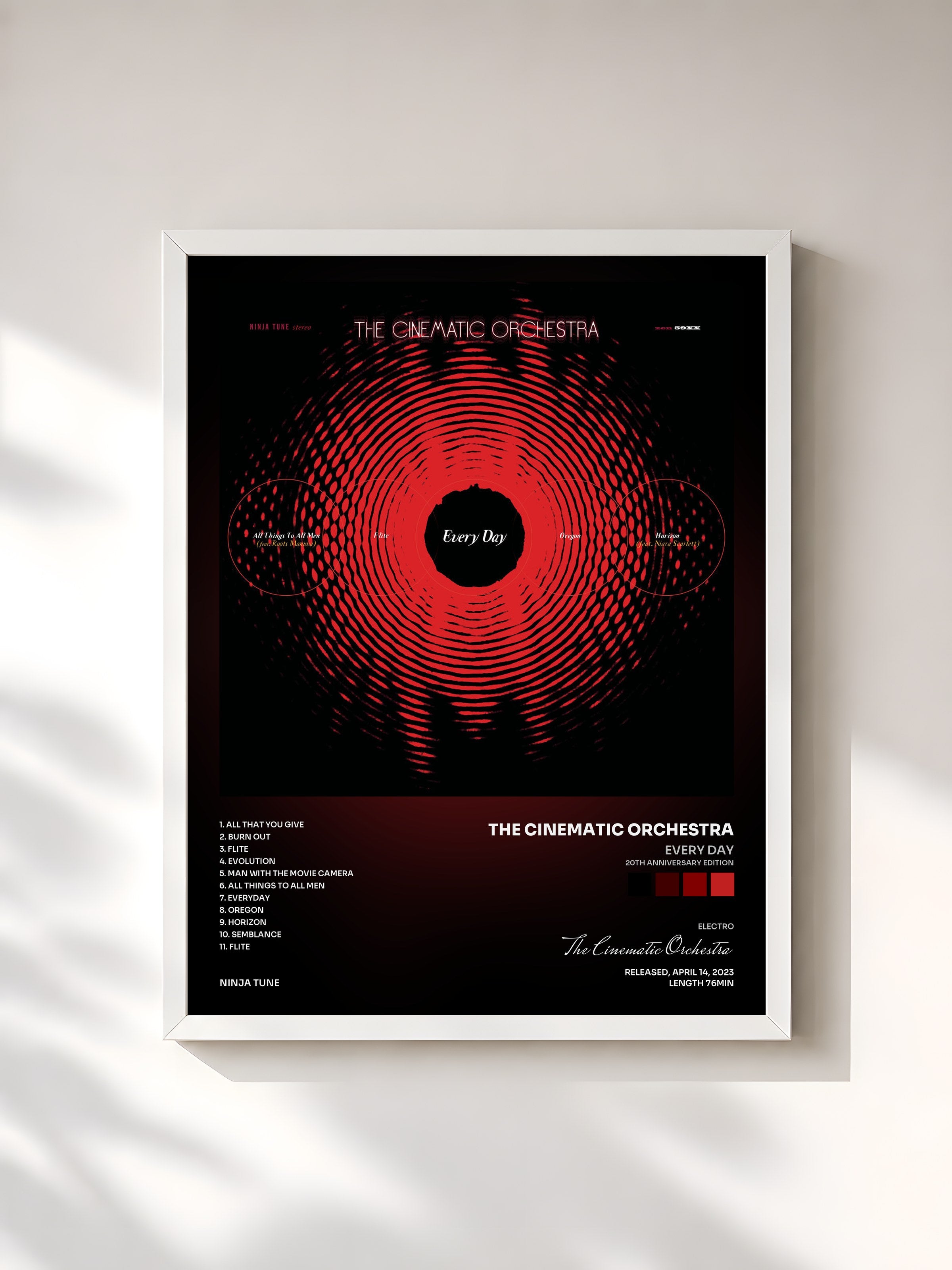 #blanc Tableau de l'album Every Day (20th Anniversary Edition) de The Cinematic Orchestra, cadre blanc, imprimé et encadré en France