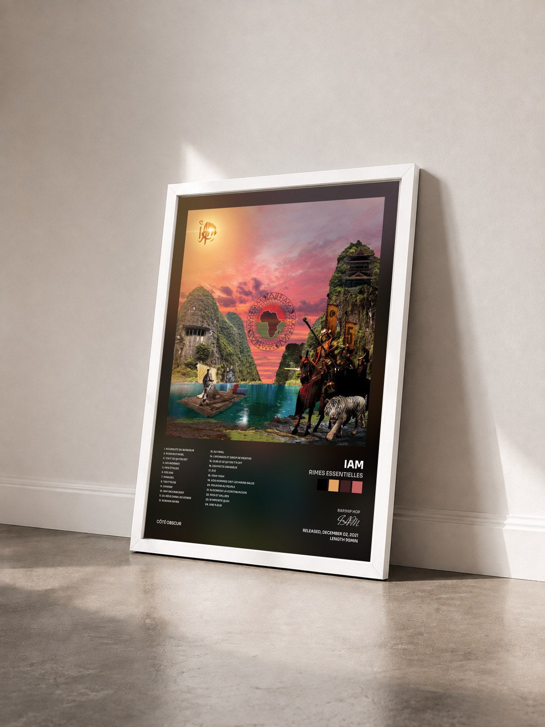 #blanc Tableau de l'album Rimes essentielles de IAM vu de trois quarts, cadre blanc