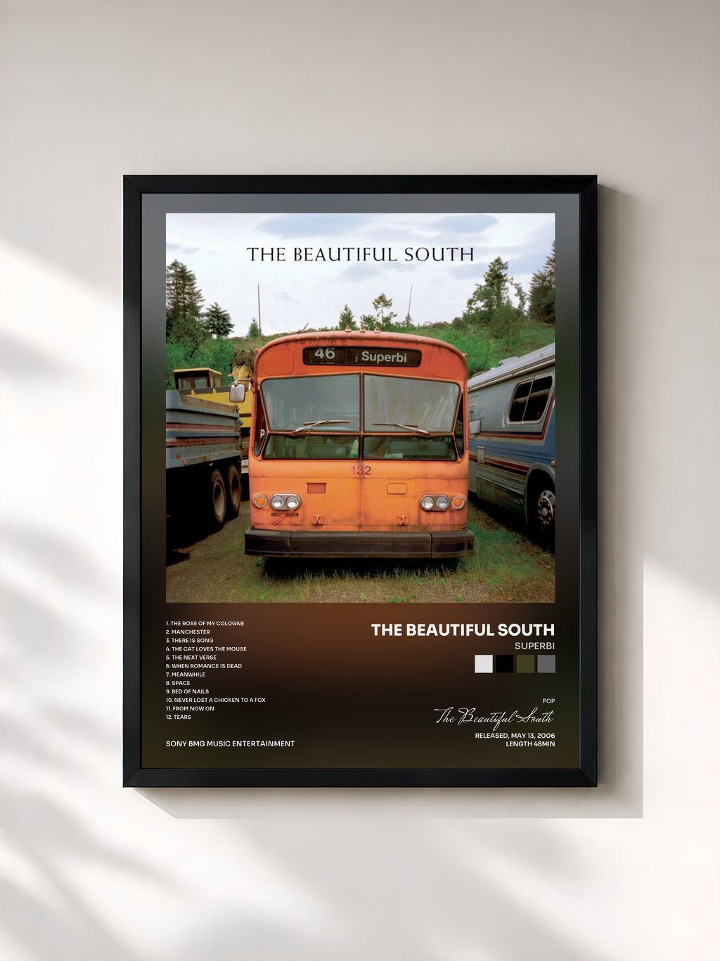 #noir Tableau de l'album Superbi de The Beautiful South, cadre noir, imprimé et encadré en France