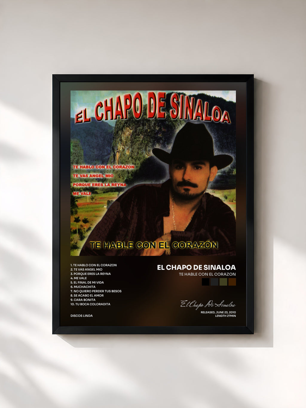#noir Tableau de l'album Te Hable con El Corazon de El Chapo De Sinaloa, cadre noir, imprimé et encadré en France