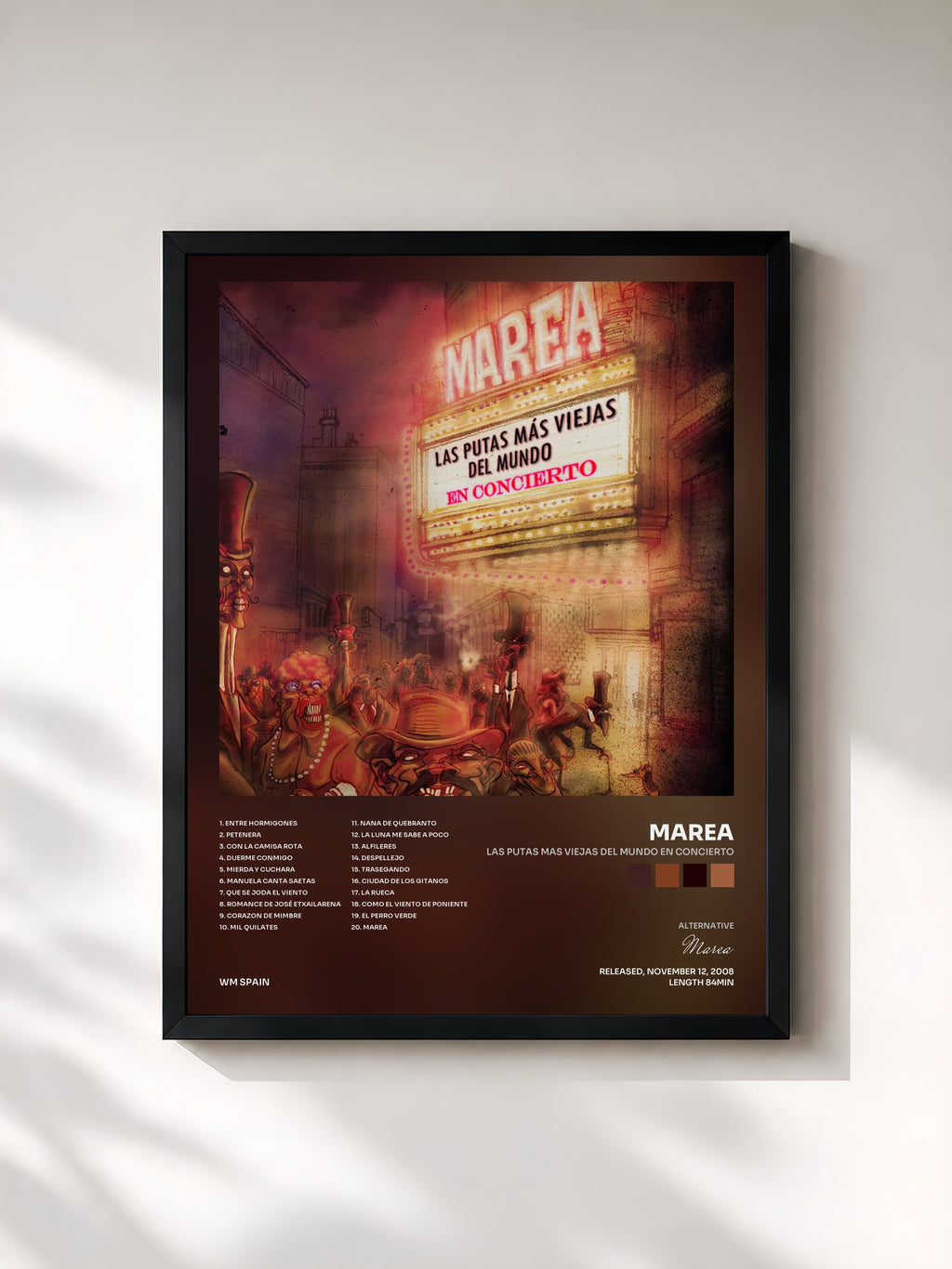 #noir Tableau de l'album Las putas mas viejas del mundo en concierto de Marea, cadre noir, imprimé et encadré en France