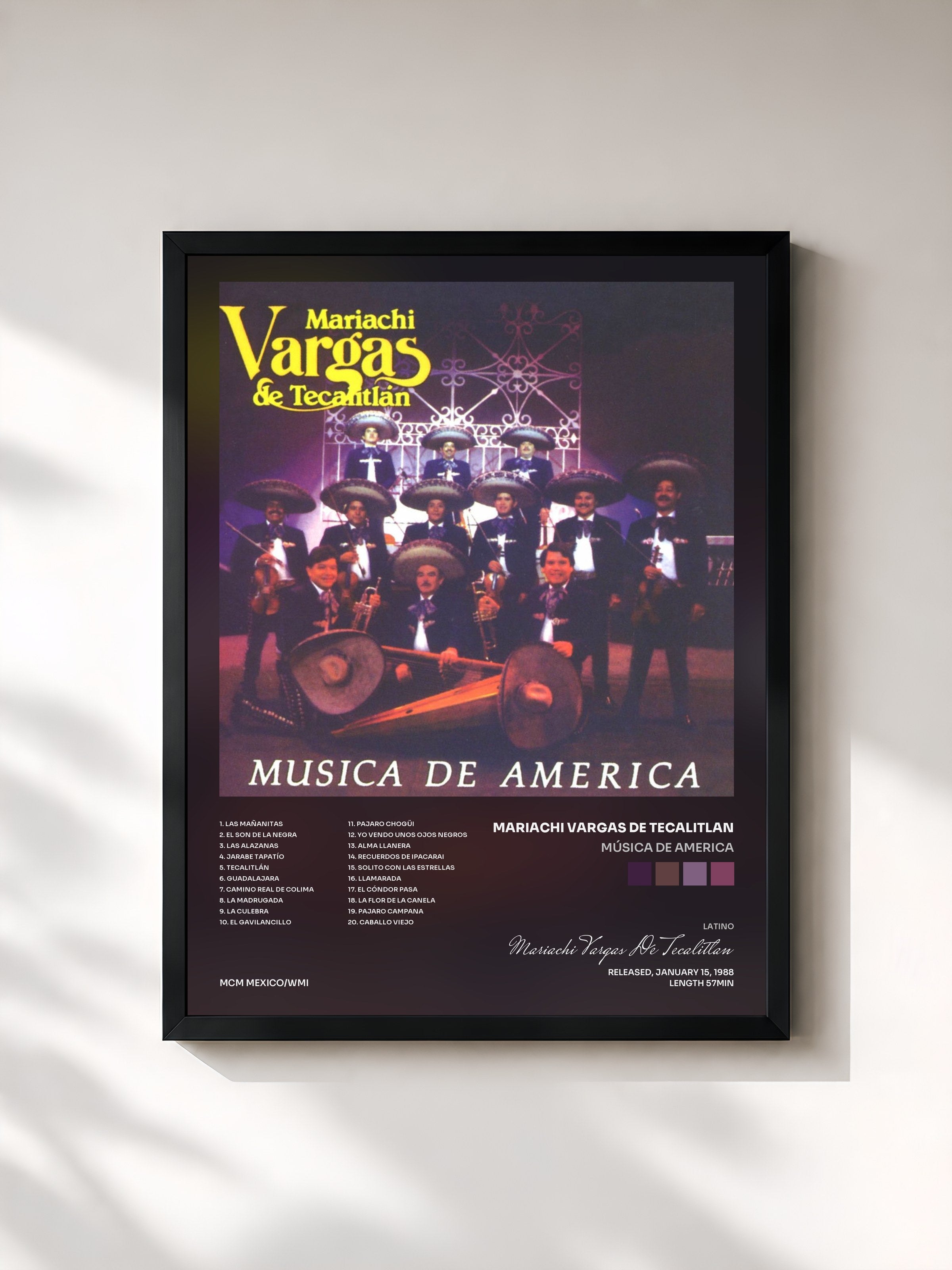 #noir Tableau de l'album Música de America de Mariachi Vargas De Tecalitlan, cadre noir, imprimé et encadré en France