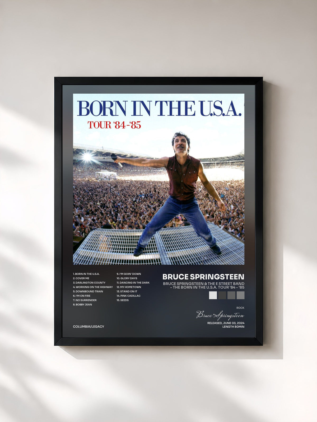 #noir Tableau de l'album Bruce Springsteen & The E Street Band - The Born in the U.S.A. Tour '84 - '85 de Bruce Springsteen, cadre noir, imprimé et encadré en France