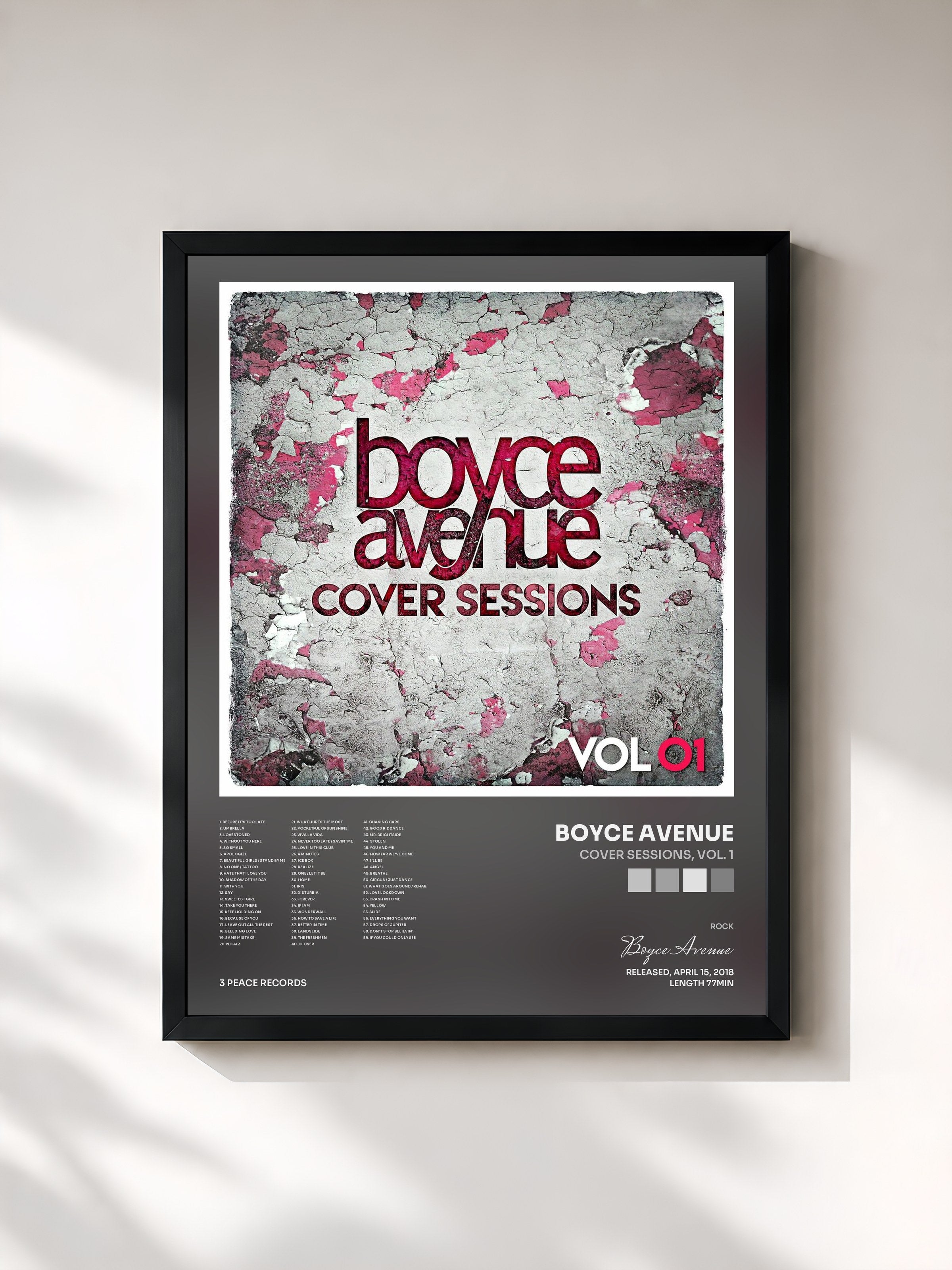 #noir Tableau de l'album Cover Sessions, Vol. 1 de Boyce Avenue, cadre noir, imprimé et encadré en France