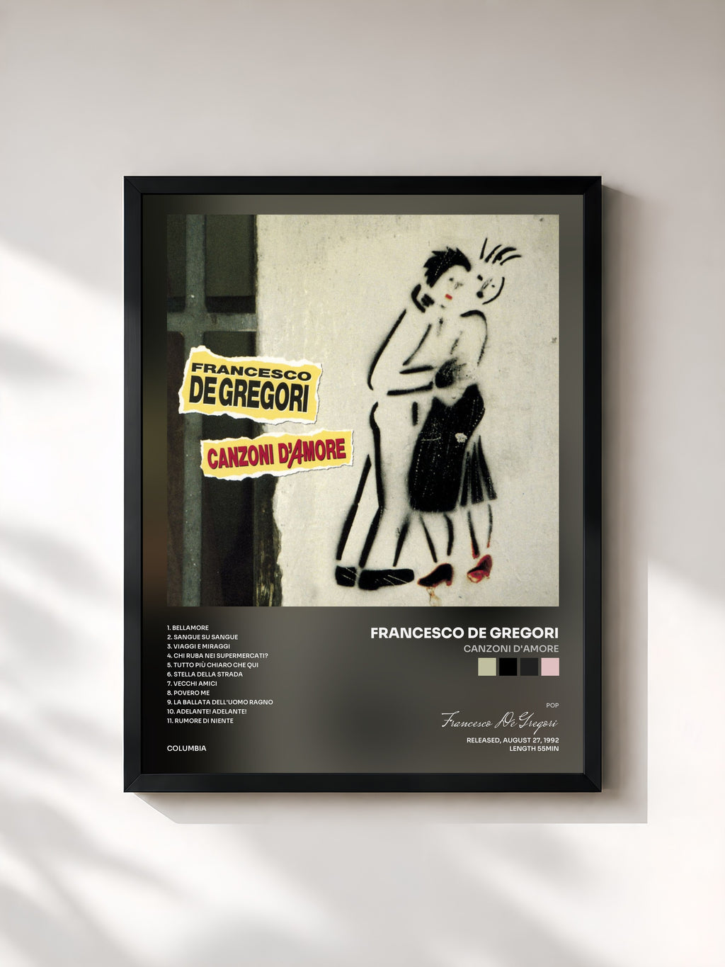 #noir Tableau de l'album Canzoni D'Amore de Francesco De Gregori, cadre noir, imprimé et encadré en France