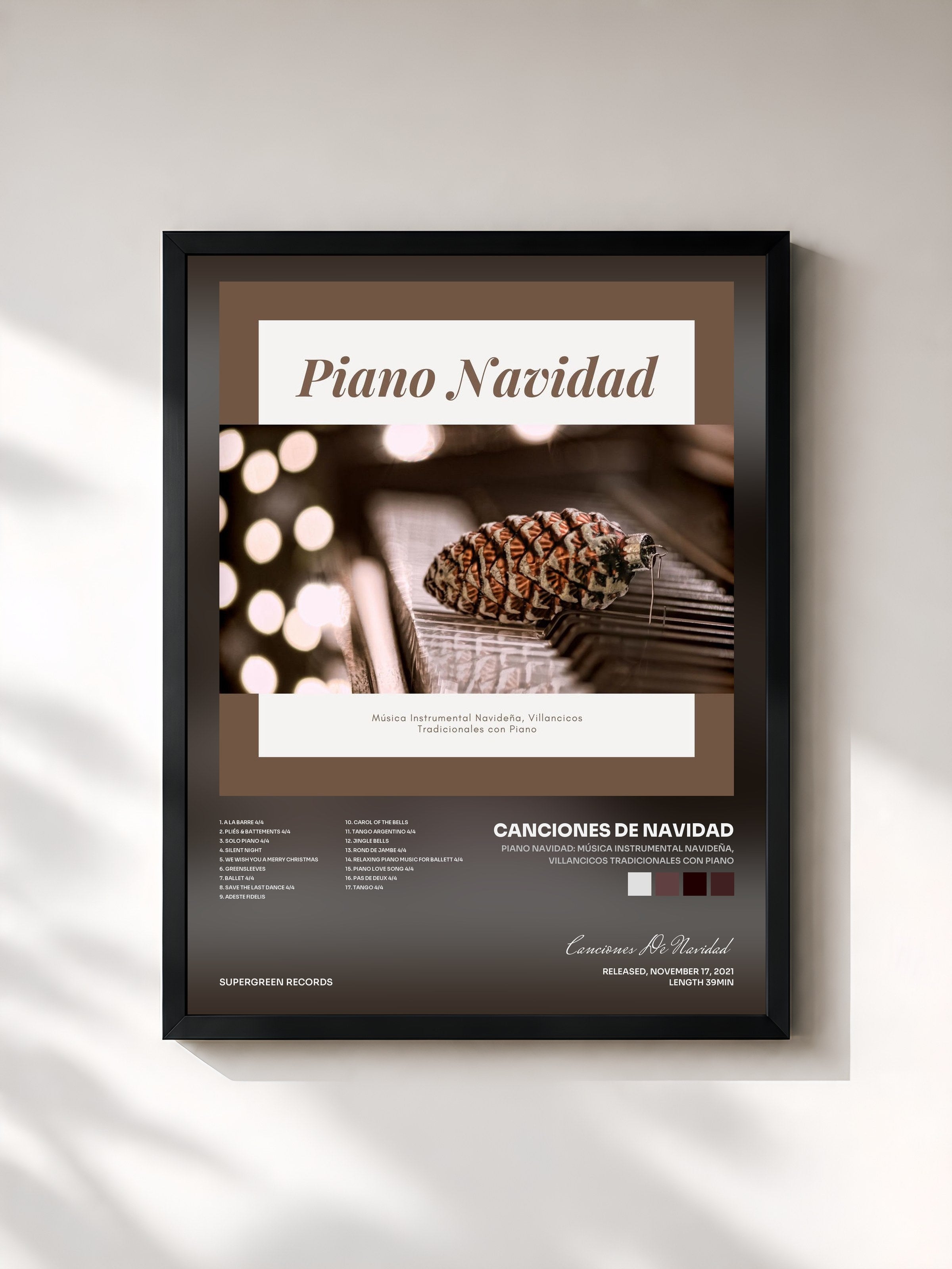 #noir Tableau de l'album Piano Navidad: Música Instrumental Navideña, Villancicos Tradicionales con Piano de Canciones De Navidad, cadre noir, imprimé et encadré en France