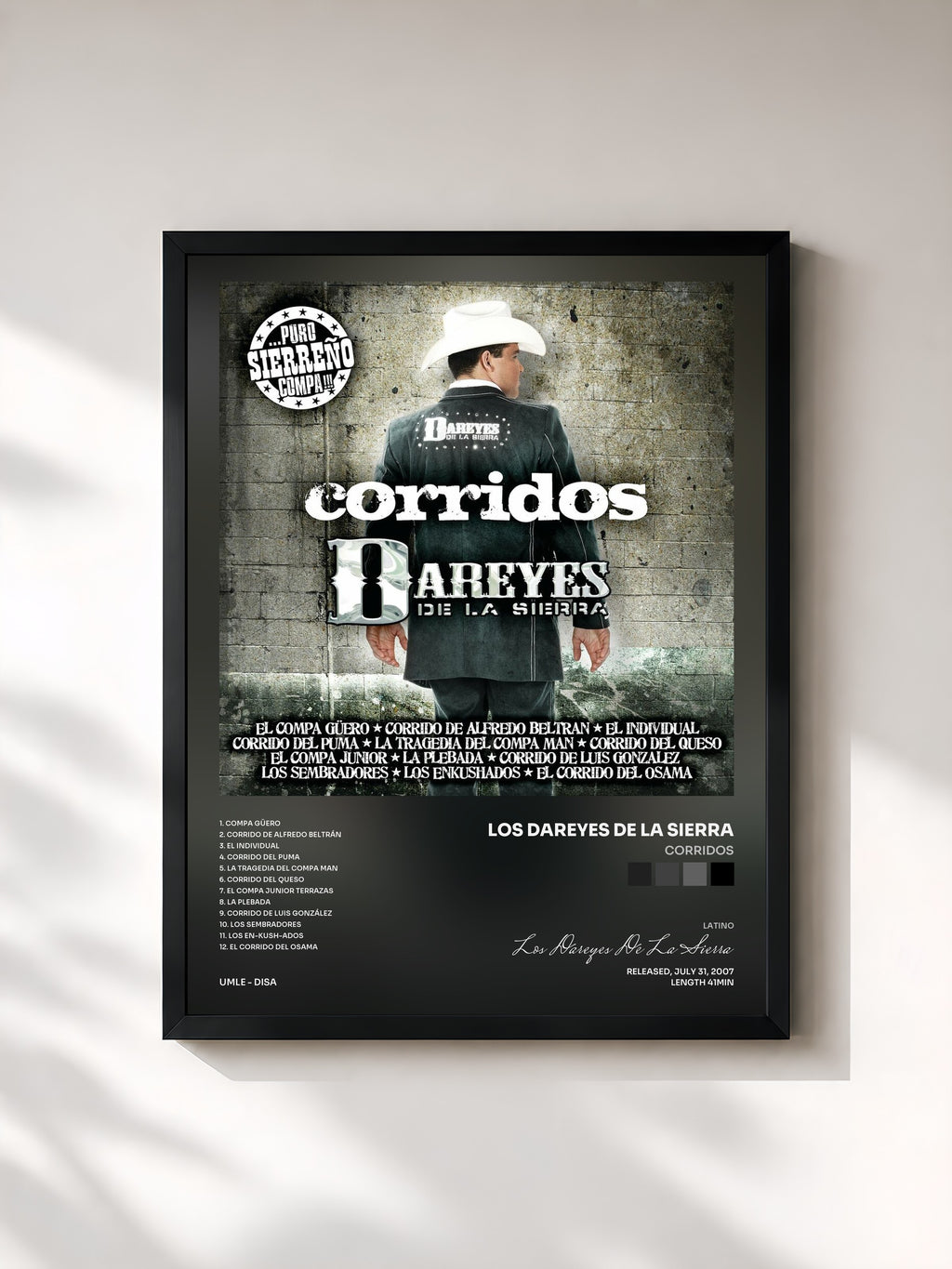 #noir Tableau de l'album Corridos de Los Dareyes De La Sierra, cadre noir, imprimé et encadré en France
