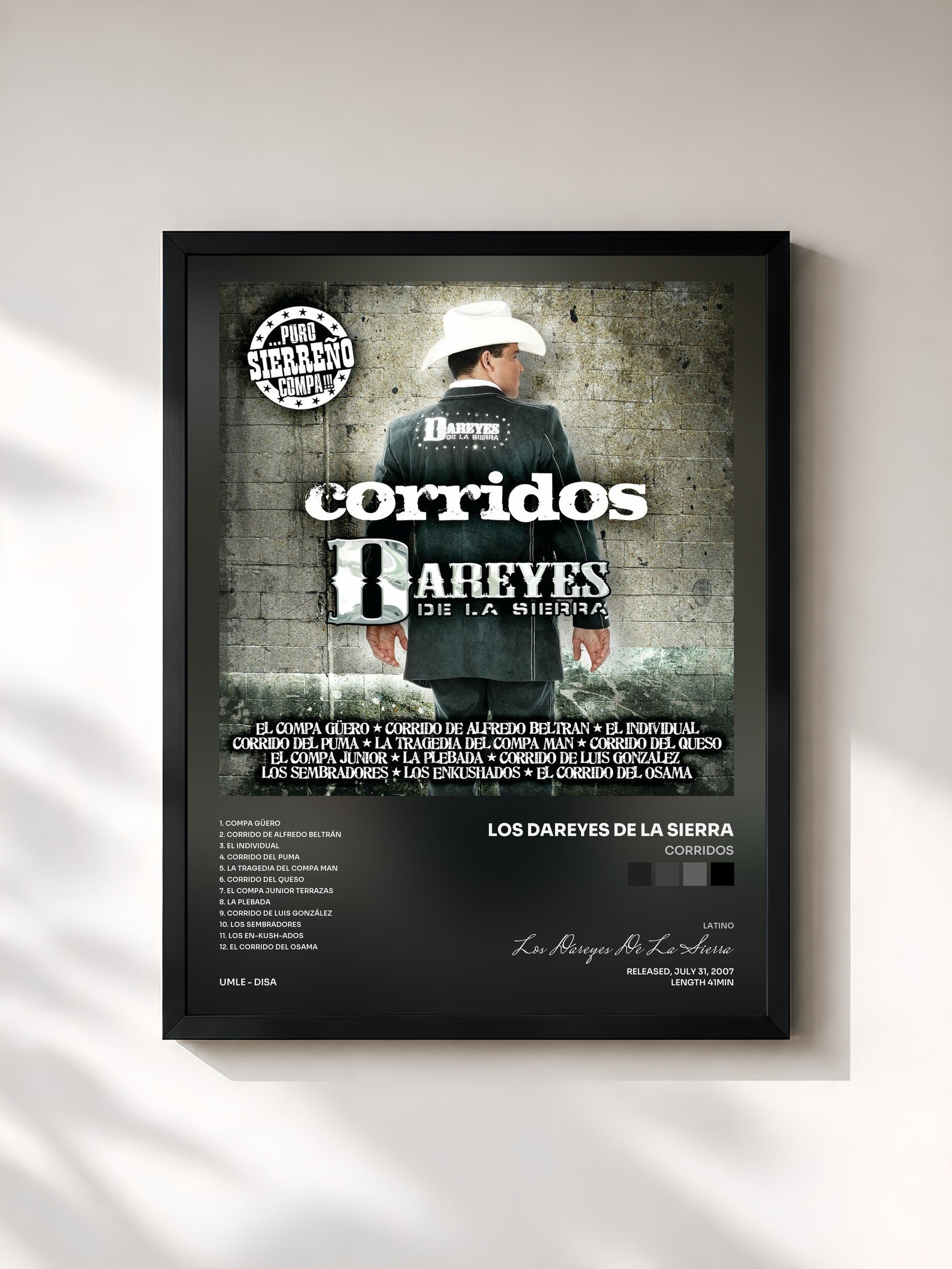 #noir Tableau de l'album Corridos de Los Dareyes De La Sierra, cadre noir, imprimé et encadré en France