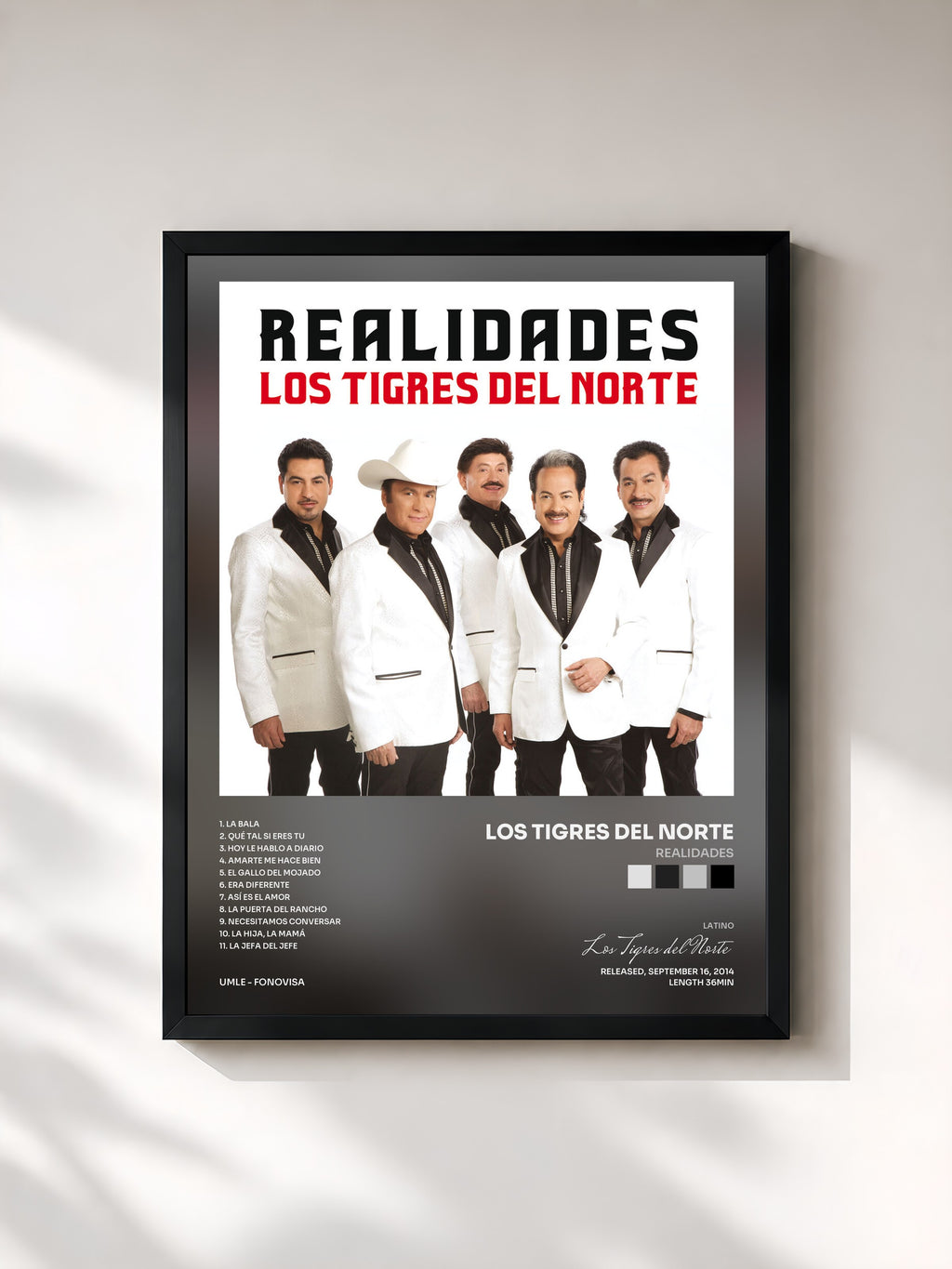 #noir Tableau de l'album Realidades de Los Tigres del Norte, cadre noir, imprimé et encadré en France