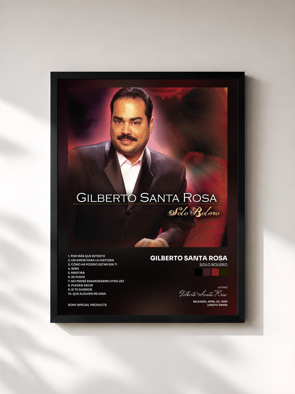 #noir Tableau de l'album Solo Bolero de Gilberto Santa Rosa, cadre noir, imprimé et encadré en France