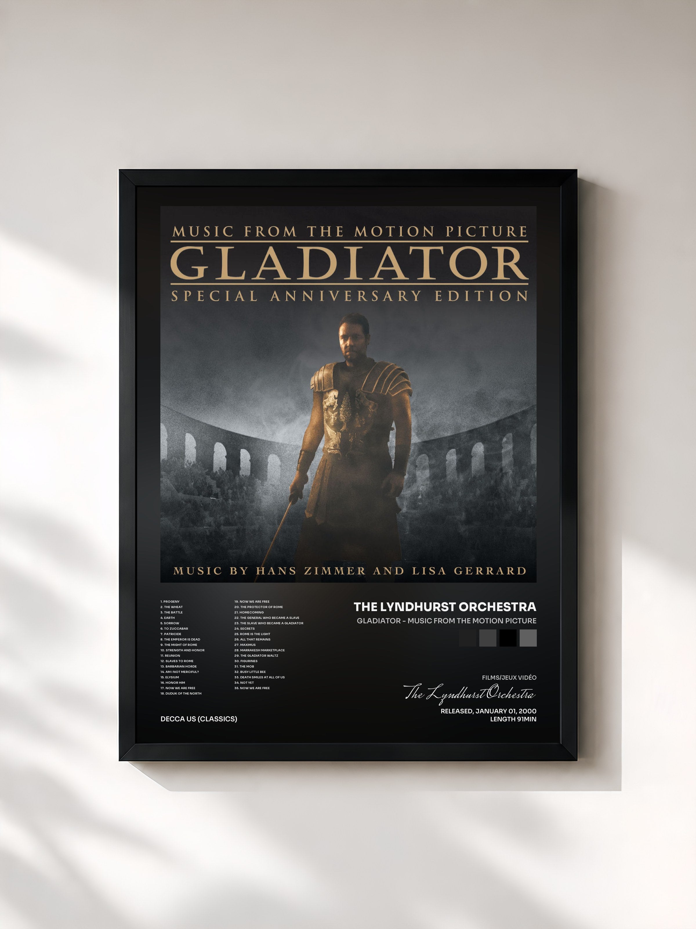 #noir Tableau de l'album Gladiator - Music From The Motion Picture de The Lyndhurst Orchestra, cadre noir, imprimé et encadré en France