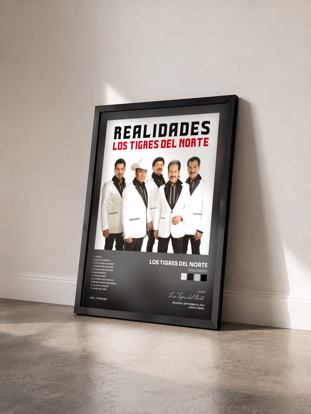 #noir Tableau de l'album Realidades de Los Tigres del Norte vu de trois quarts, cadre noir