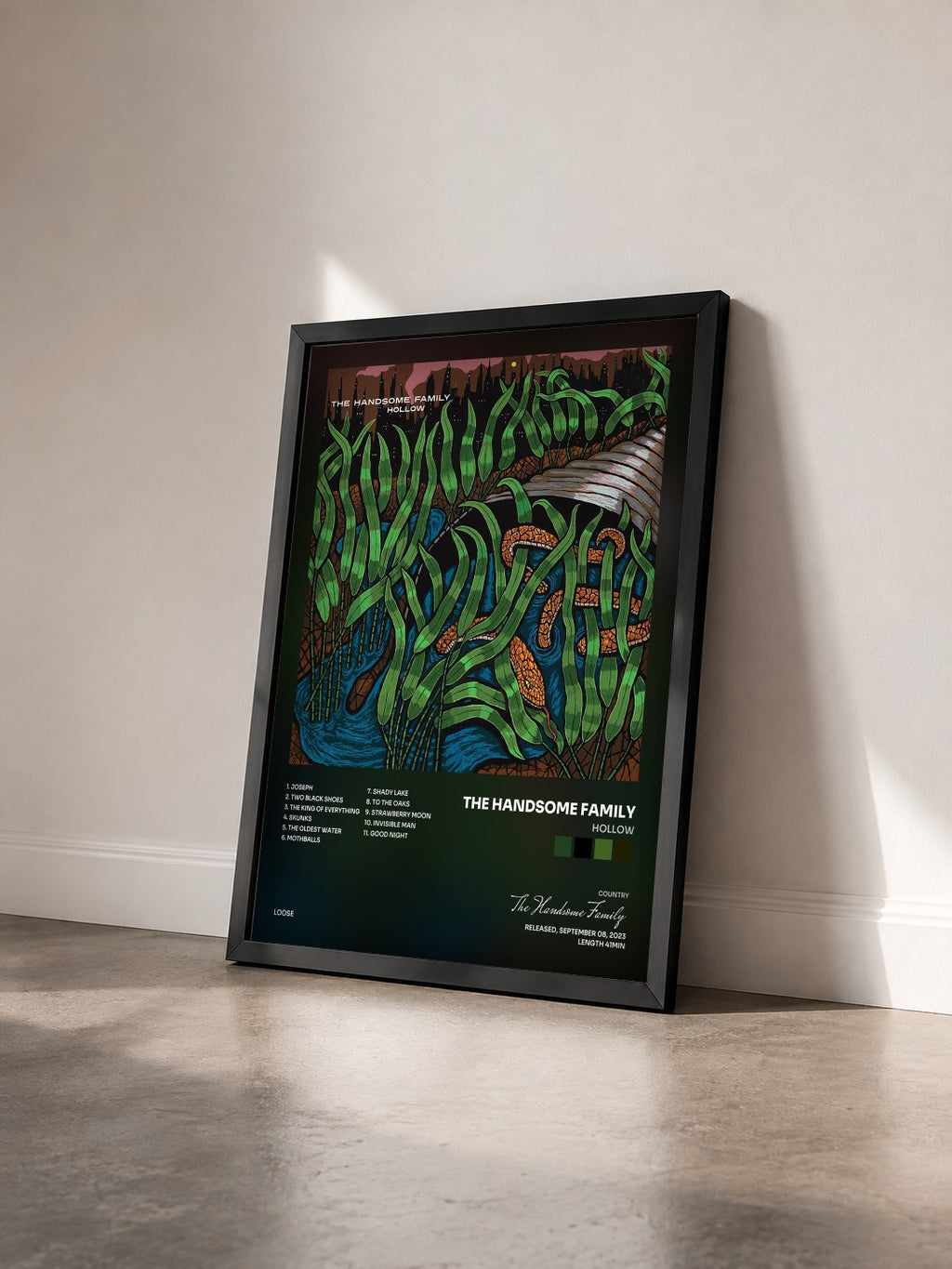 #noir Hollow by The Handsome Family as a framed art print seen at an angle, black frame