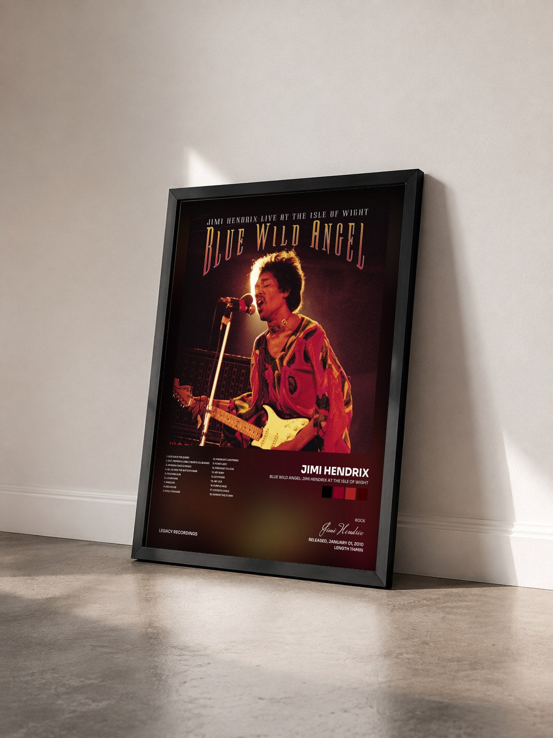#noir Tableau de l'album Blue Wild Angel: Jimi Hendrix At The Isle Of Wight de Jimi Hendrix vu de trois quarts, cadre noir