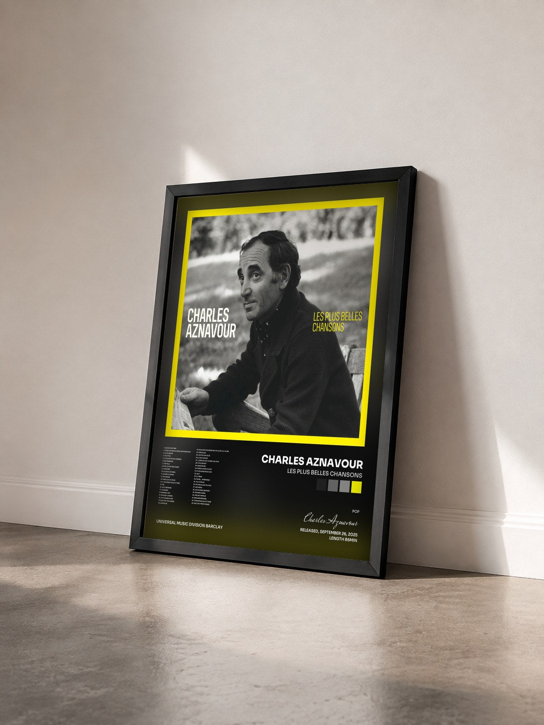 #noir Tableau de l'album Les plus belles chansons de Charles Aznavour vu de trois quarts, cadre noir