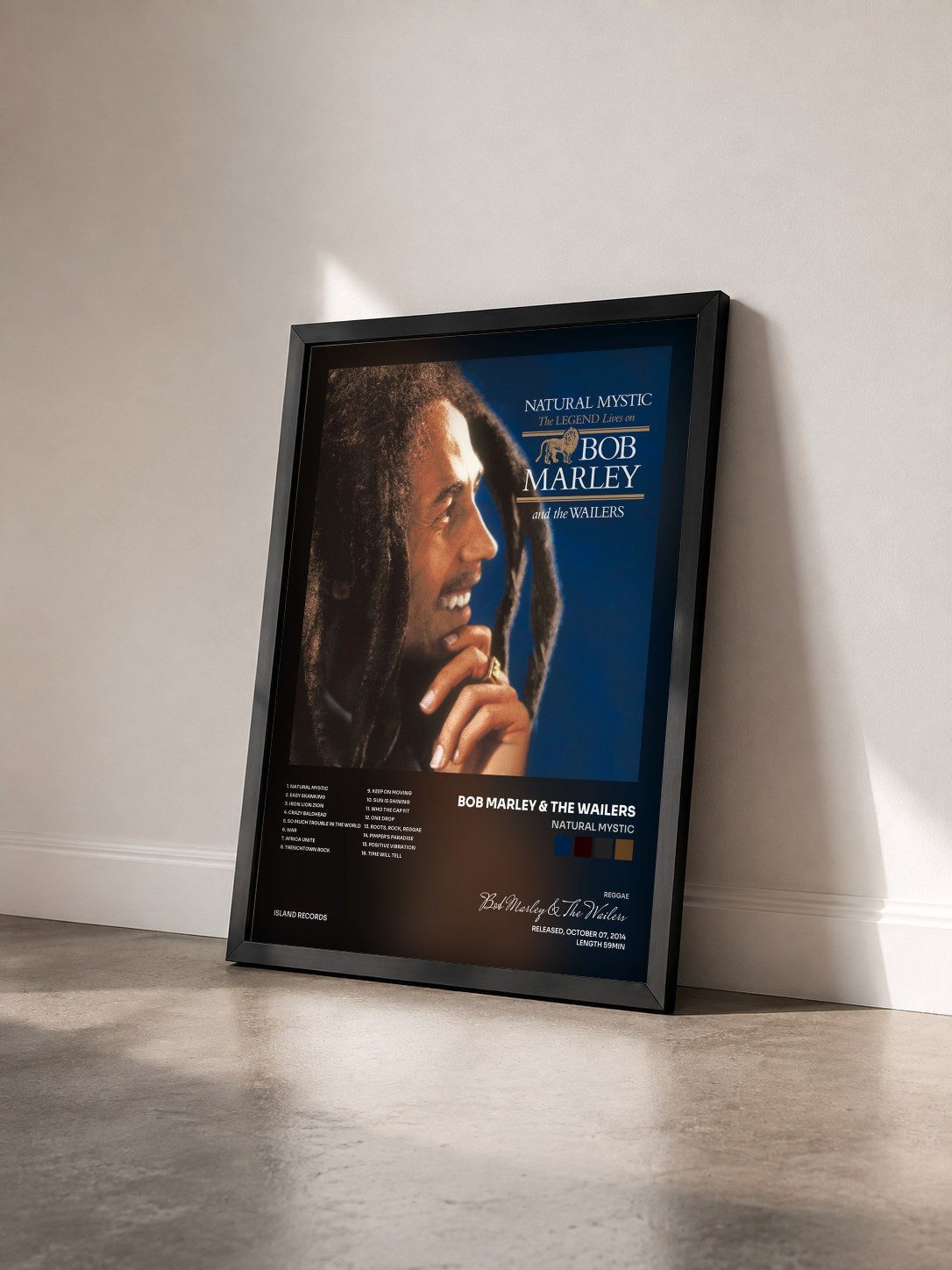 #noir Tableau de l'album Natural Mystic de Bob Marley & The Wailers vu de trois quarts, cadre noir