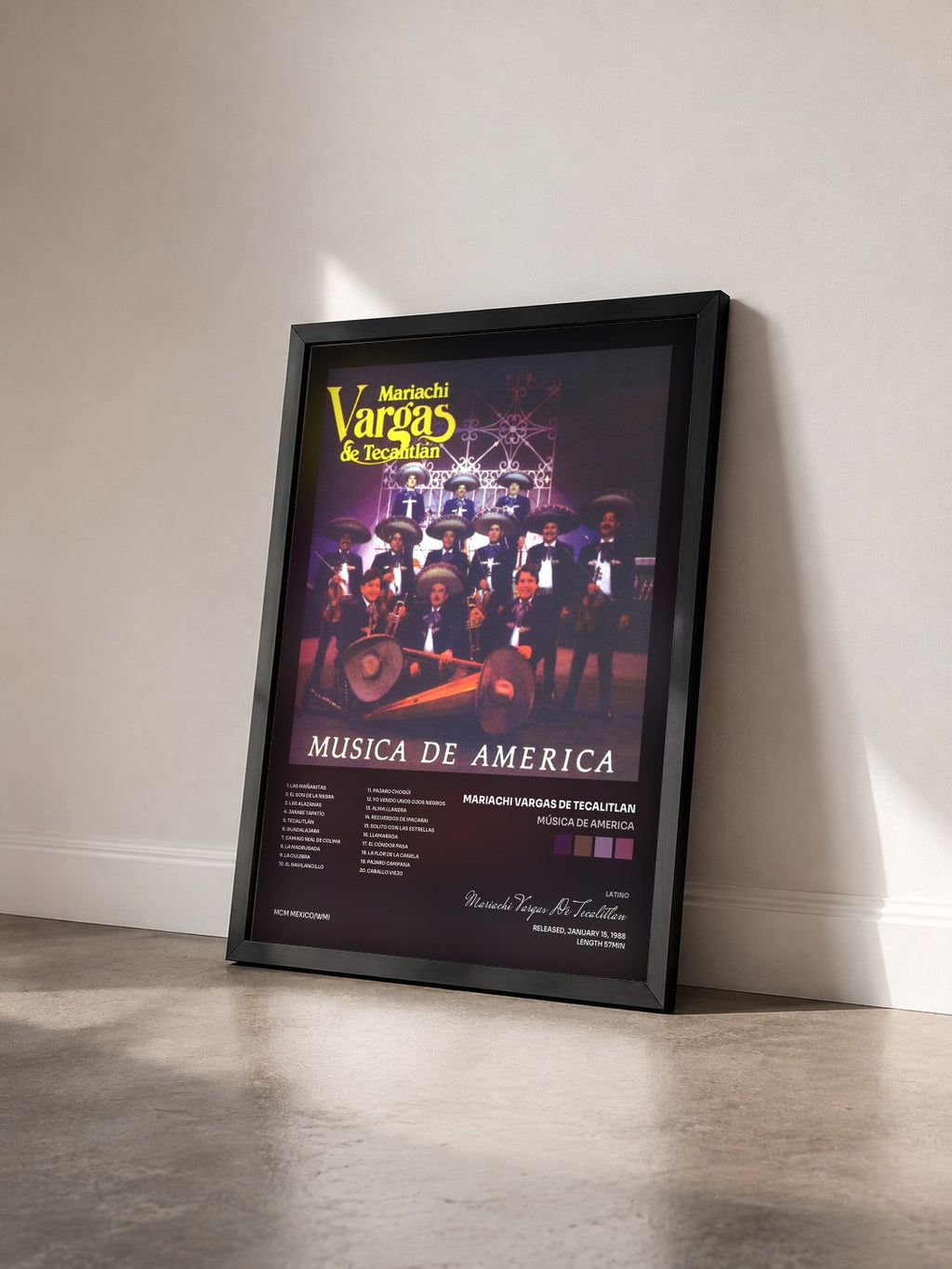 #noir Tableau de l'album Música de America de Mariachi Vargas De Tecalitlan vu de trois quarts, cadre noir