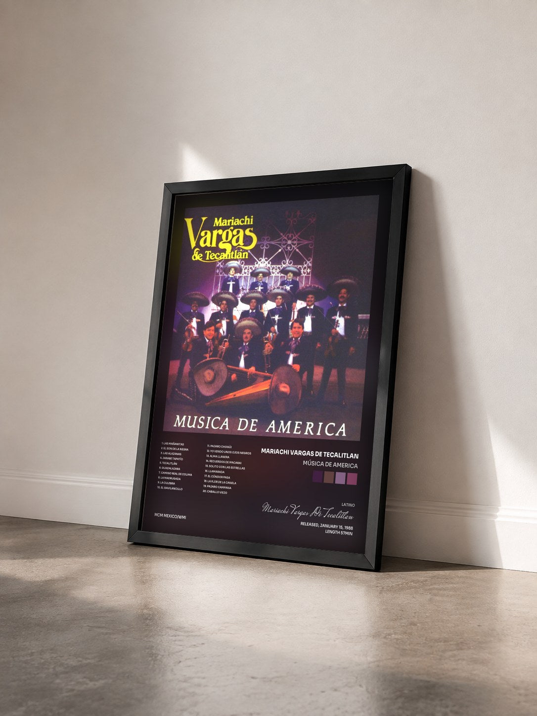 #noir Tableau de l'album Música de America de Mariachi Vargas De Tecalitlan vu de trois quarts, cadre noir