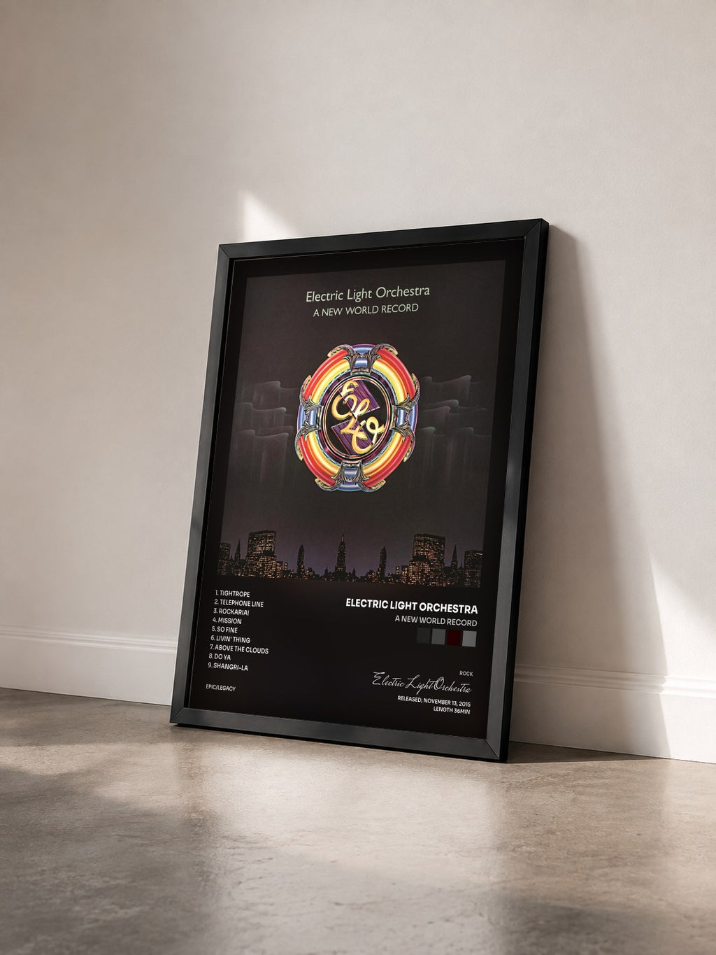 #noir Tableau de l'album A New World Record de Electric Light Orchestra vu de trois quarts, cadre noir