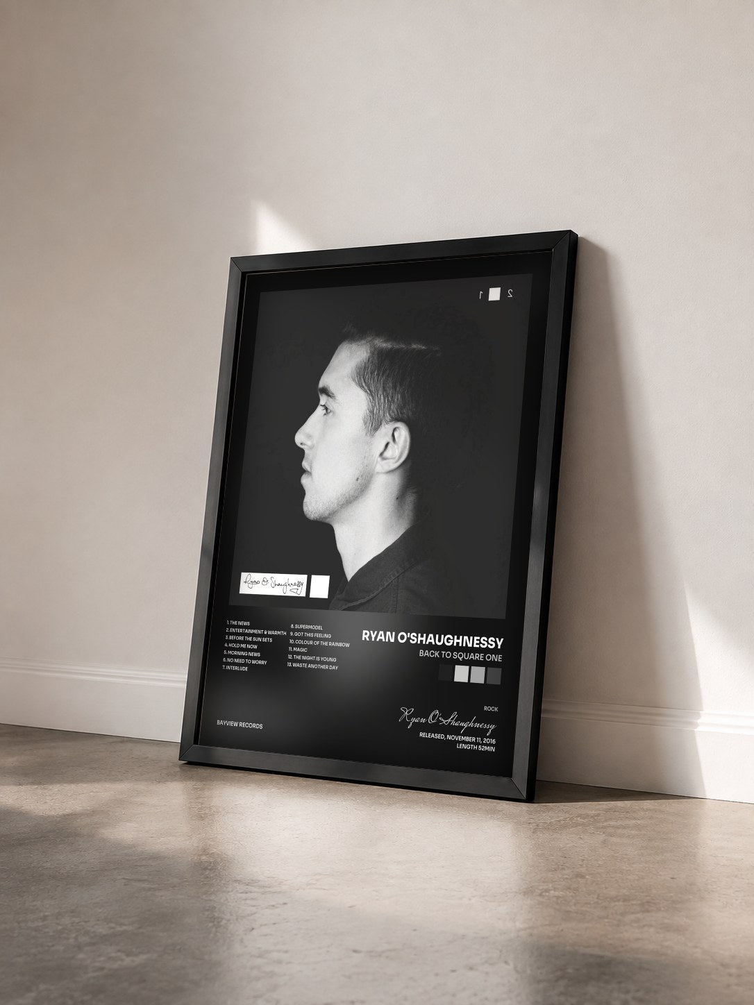 #noir Tableau de l'album Back to Square One de Ryan O'Shaughnessy vu de trois quarts, cadre noir