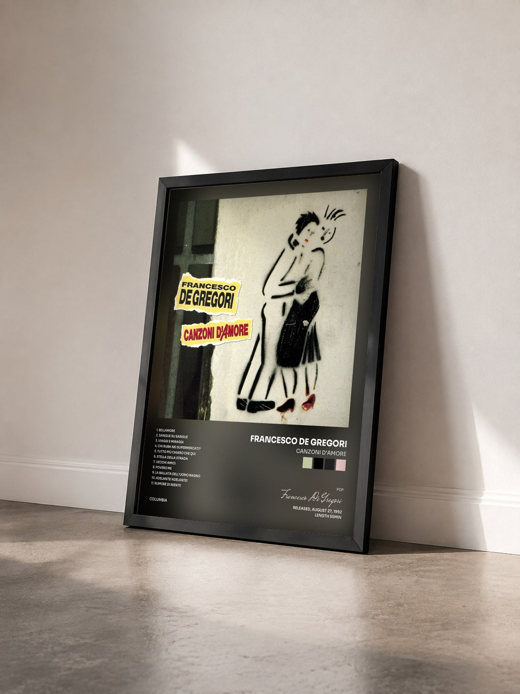#noir Tableau de l'album Canzoni D'Amore de Francesco De Gregori vu de trois quarts, cadre noir