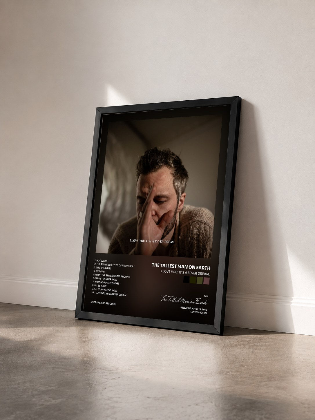 #noir Tableau de l'album I Love You. It's a Fever Dream. de The Tallest Man on Earth vu de trois quarts, cadre noir