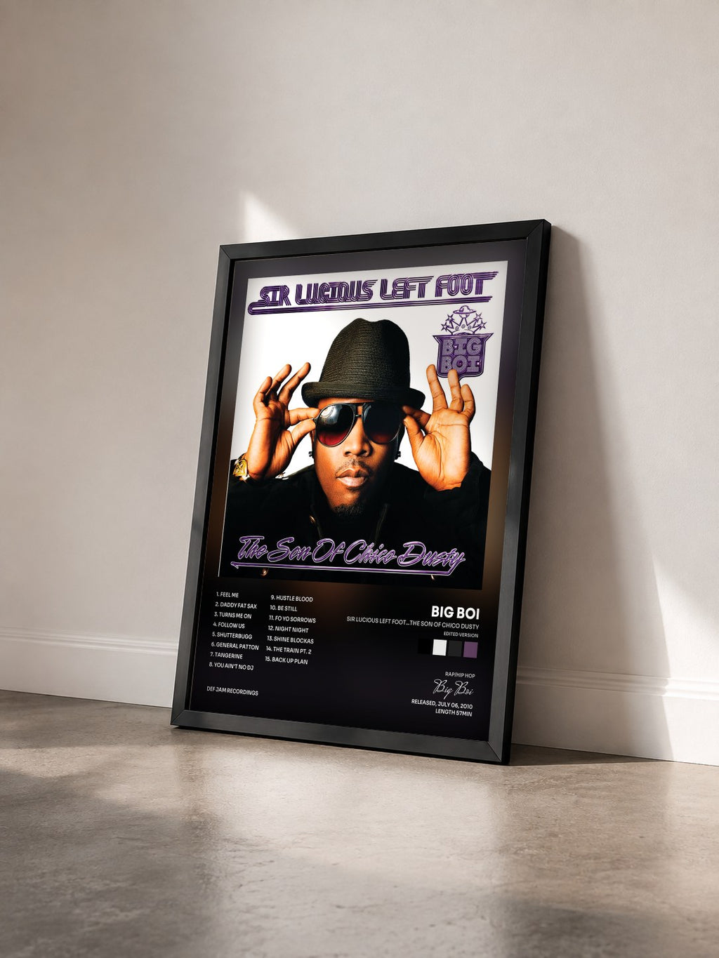#noir Tableau de l'album Sir Lucious Left Foot...The Son Of Chico Dusty (Edited Version) de Big Boi vu de trois quarts, cadre noir