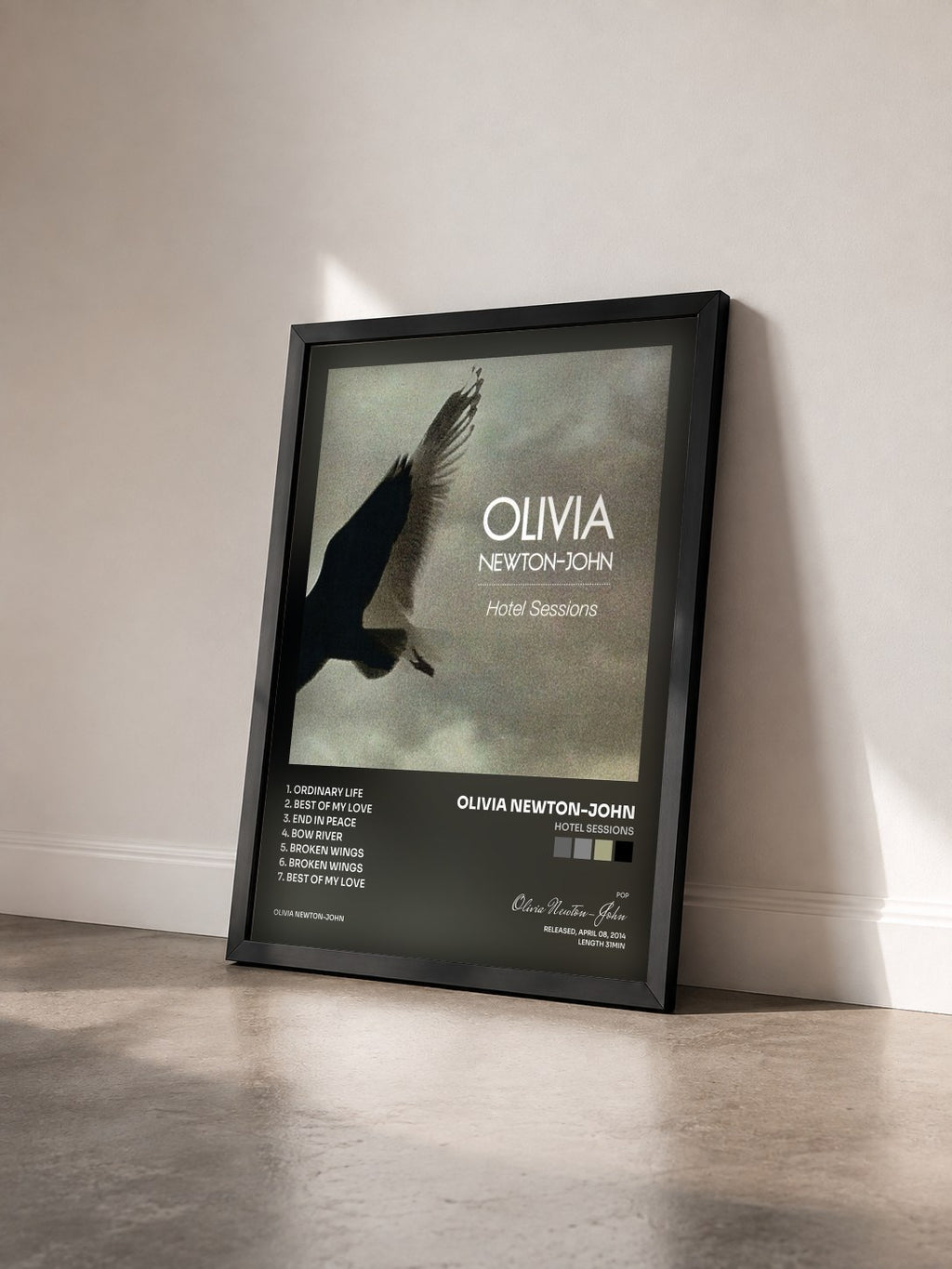 #noir Tableau de l'album Hotel Sessions de Olivia Newton-John vu de trois quarts, cadre noir
