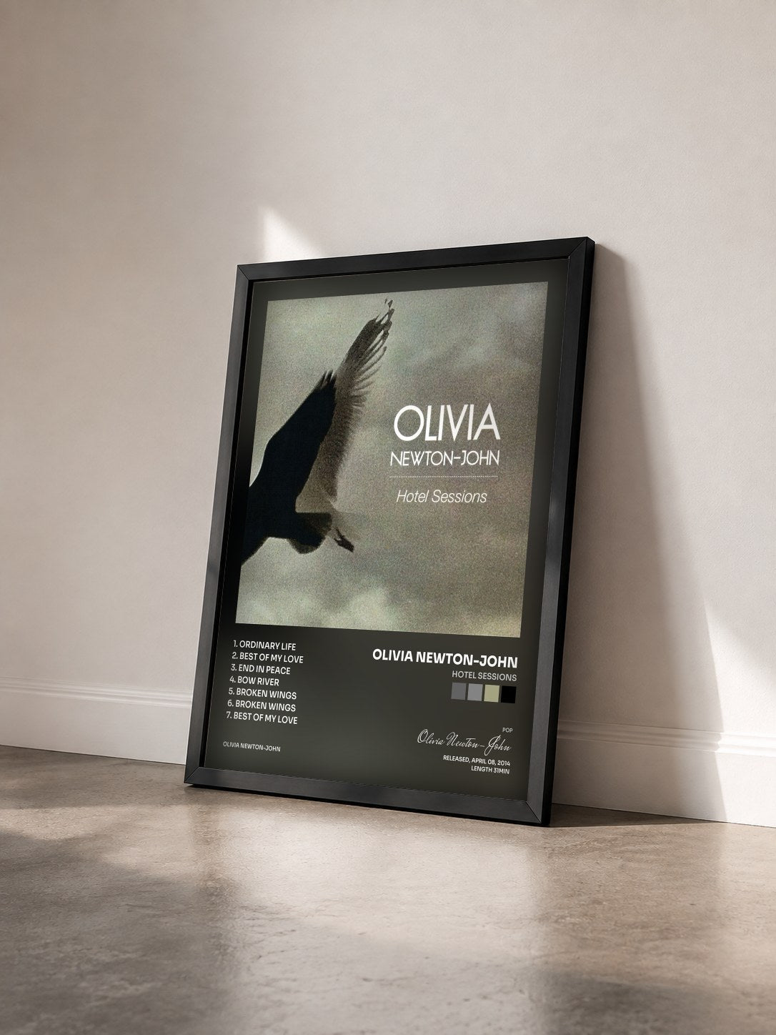 #noir Tableau de l'album Hotel Sessions de Olivia Newton-John vu de trois quarts, cadre noir
