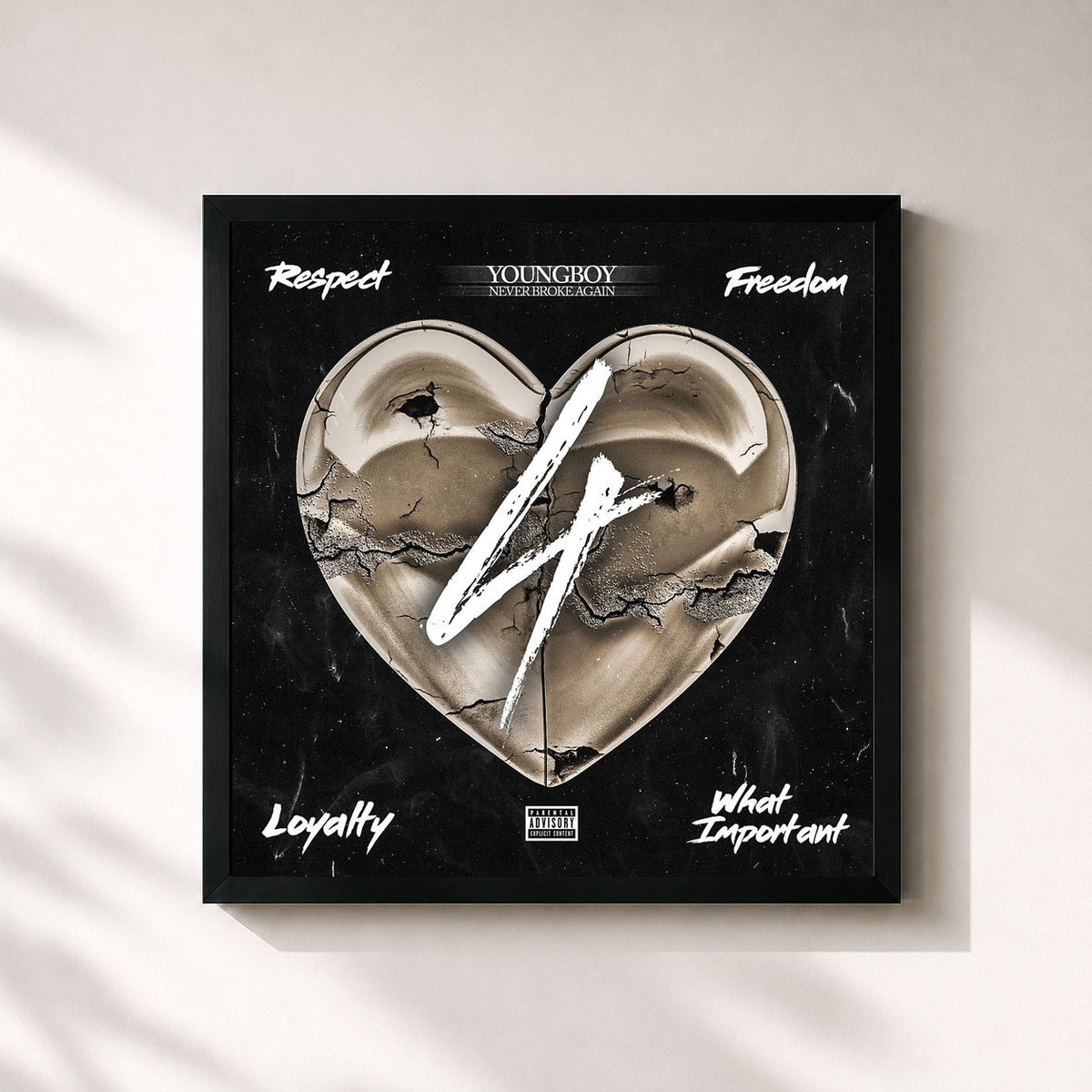 #noir 4Respect 4Freedom 4Loyalty 4WhatImportant di YoungBoy Never Broke Again in stampa quadrata incorniciata, cornice nera 32x32 cm