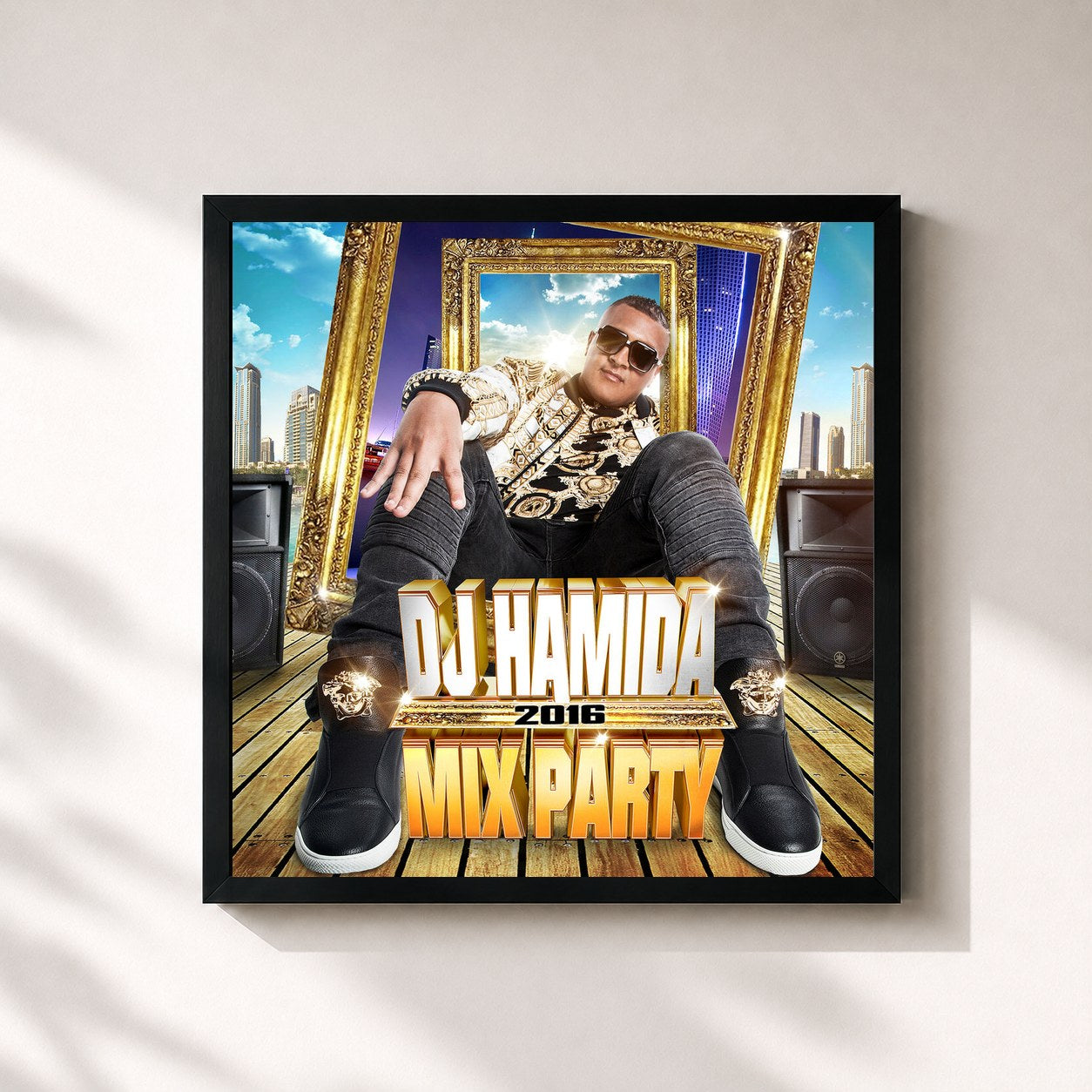 #noir Tableau carré de l'album DJ Hamida Mix Party 2016 de DJ Hamida, cadre noir 32x32 cm