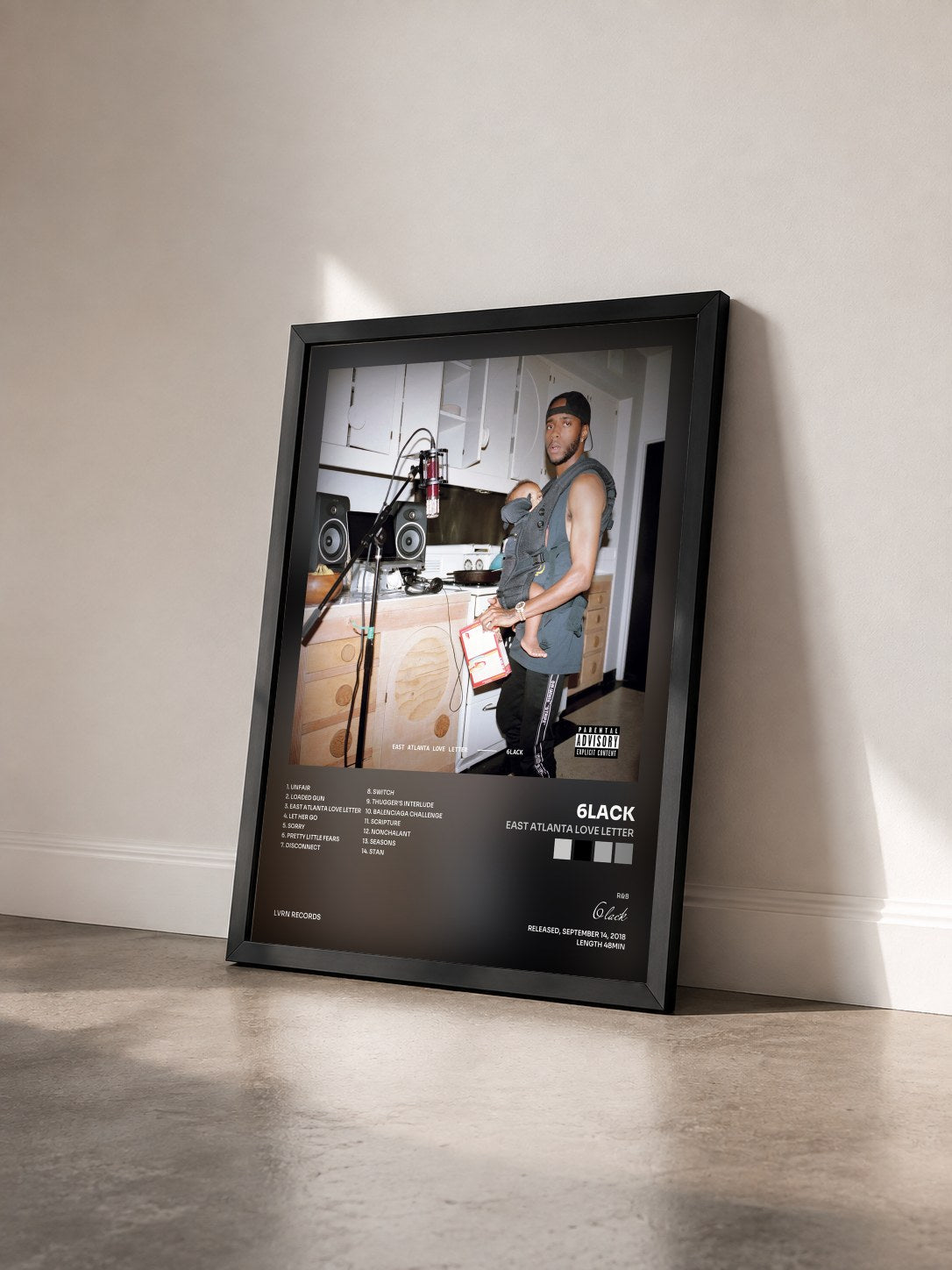 #noir East Atlanta Love Letter by 6lack as a framed art print seen at an angle, black frame