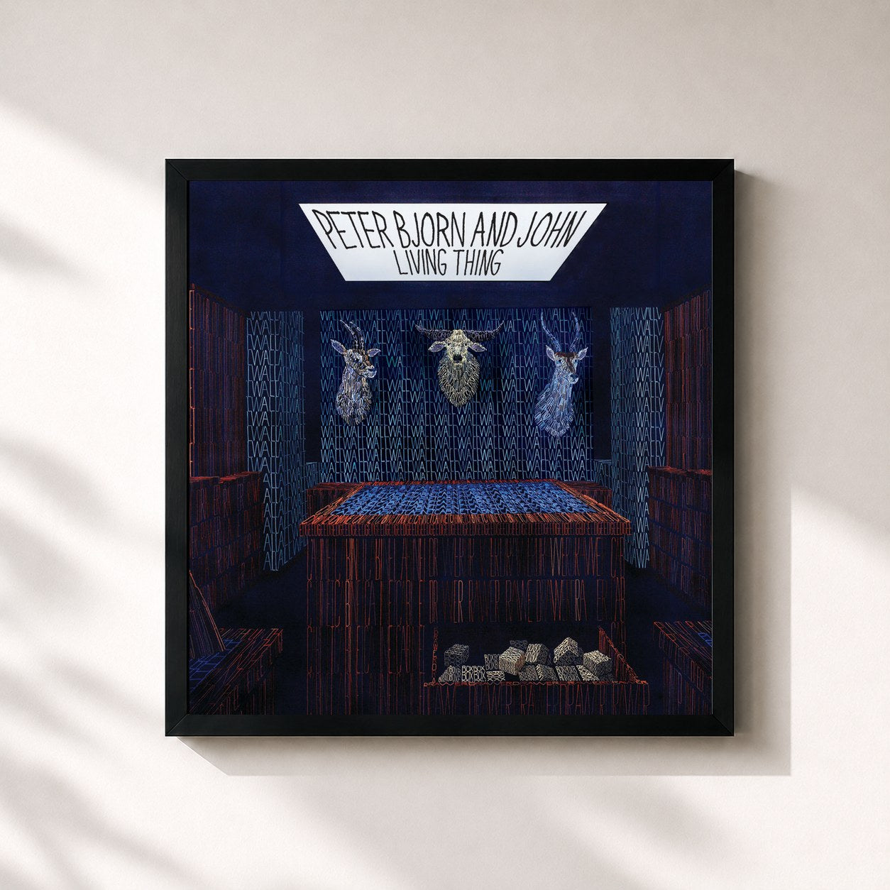 #noir Tableau carré de l'album Living Thing (Bonus Version) de Peter Bjorn and John, cadre noir 32x32 cm