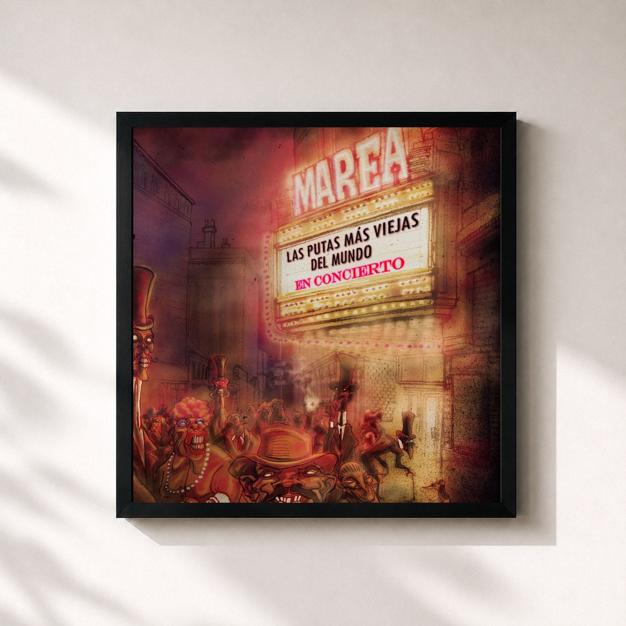 #noir Tableau carré de l'album Las putas mas viejas del mundo en concierto de Marea, cadre noir 32x32 cm