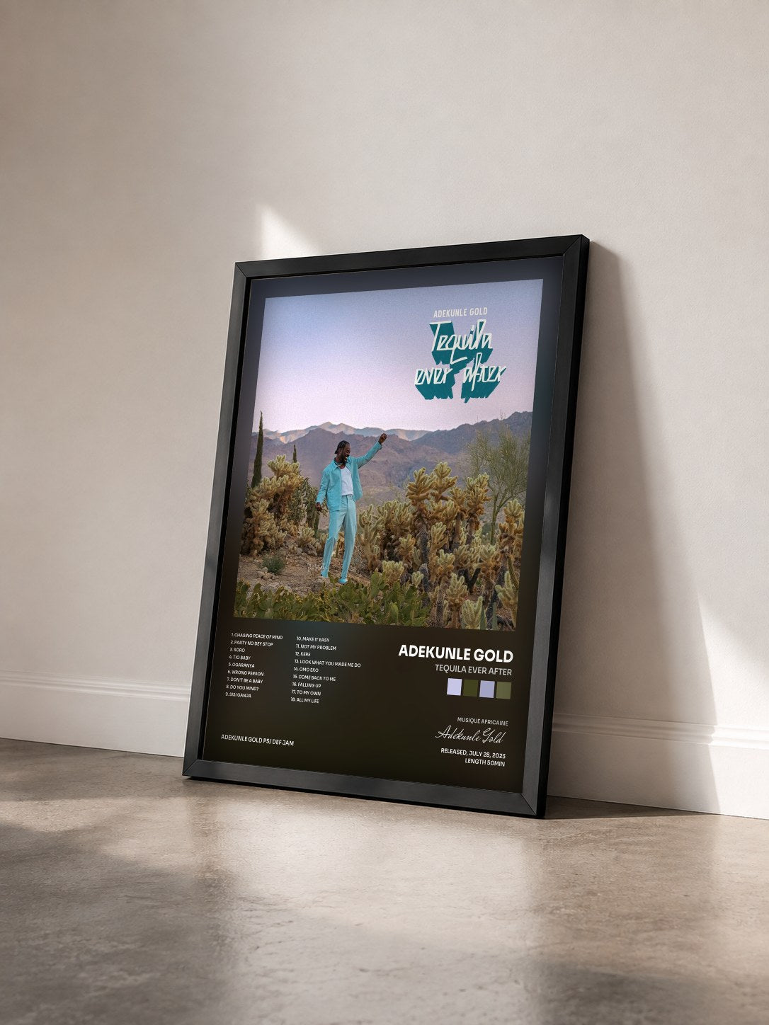 #noir Tableau de l'album Tequila Ever After de Adekunle Gold vu de trois quarts, cadre noir