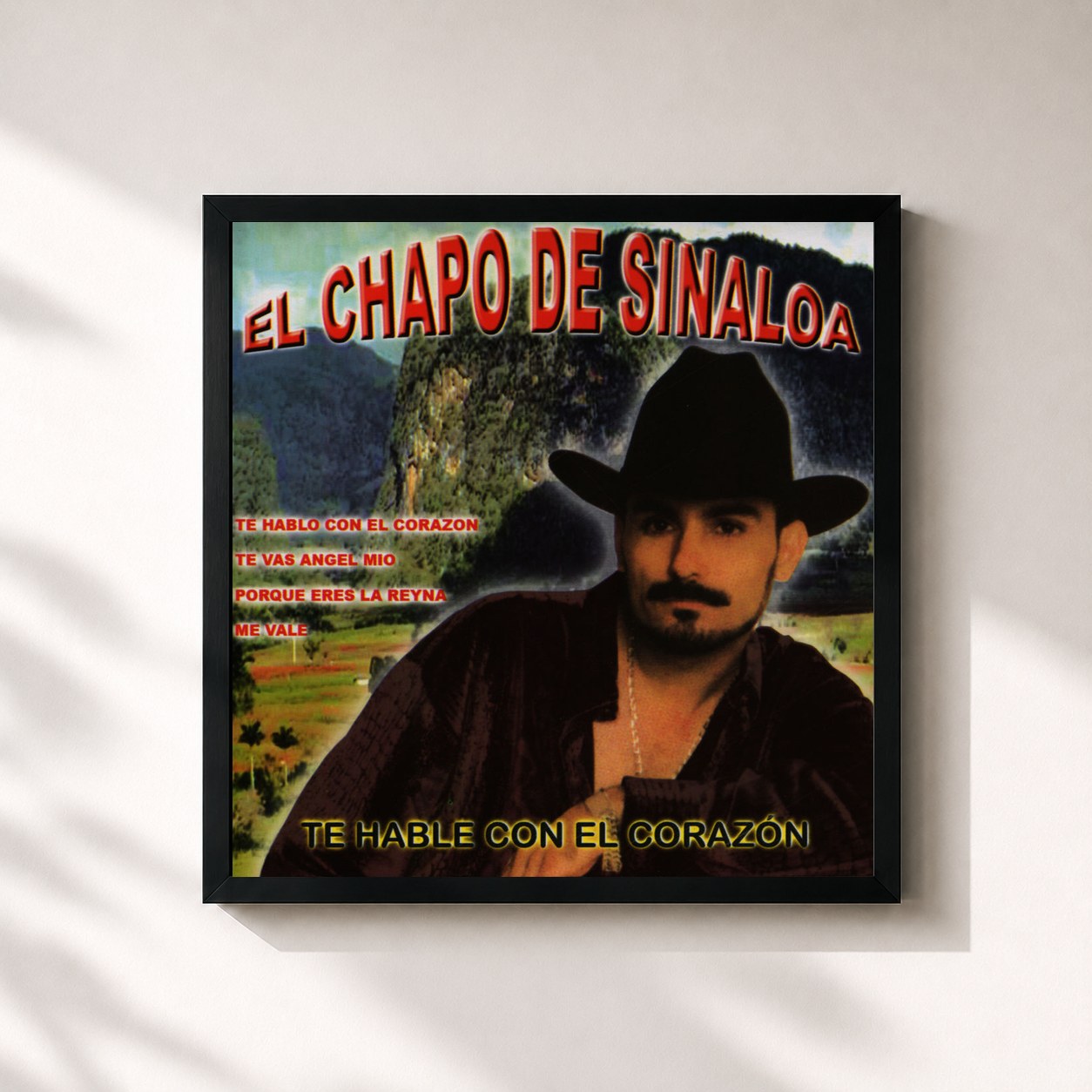 #noir Tableau carré de l'album Te Hable con El Corazon de El Chapo De Sinaloa, cadre noir 32x32 cm