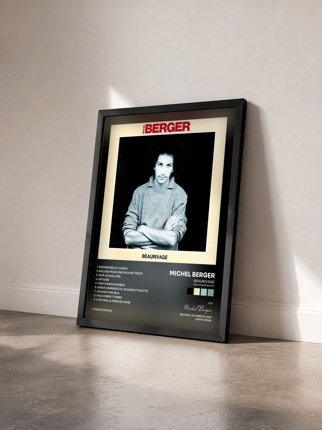#noir Tableau de l'album Beaurivage (Remasterisé en 2002) de Michel Berger vu de trois quarts, cadre noir