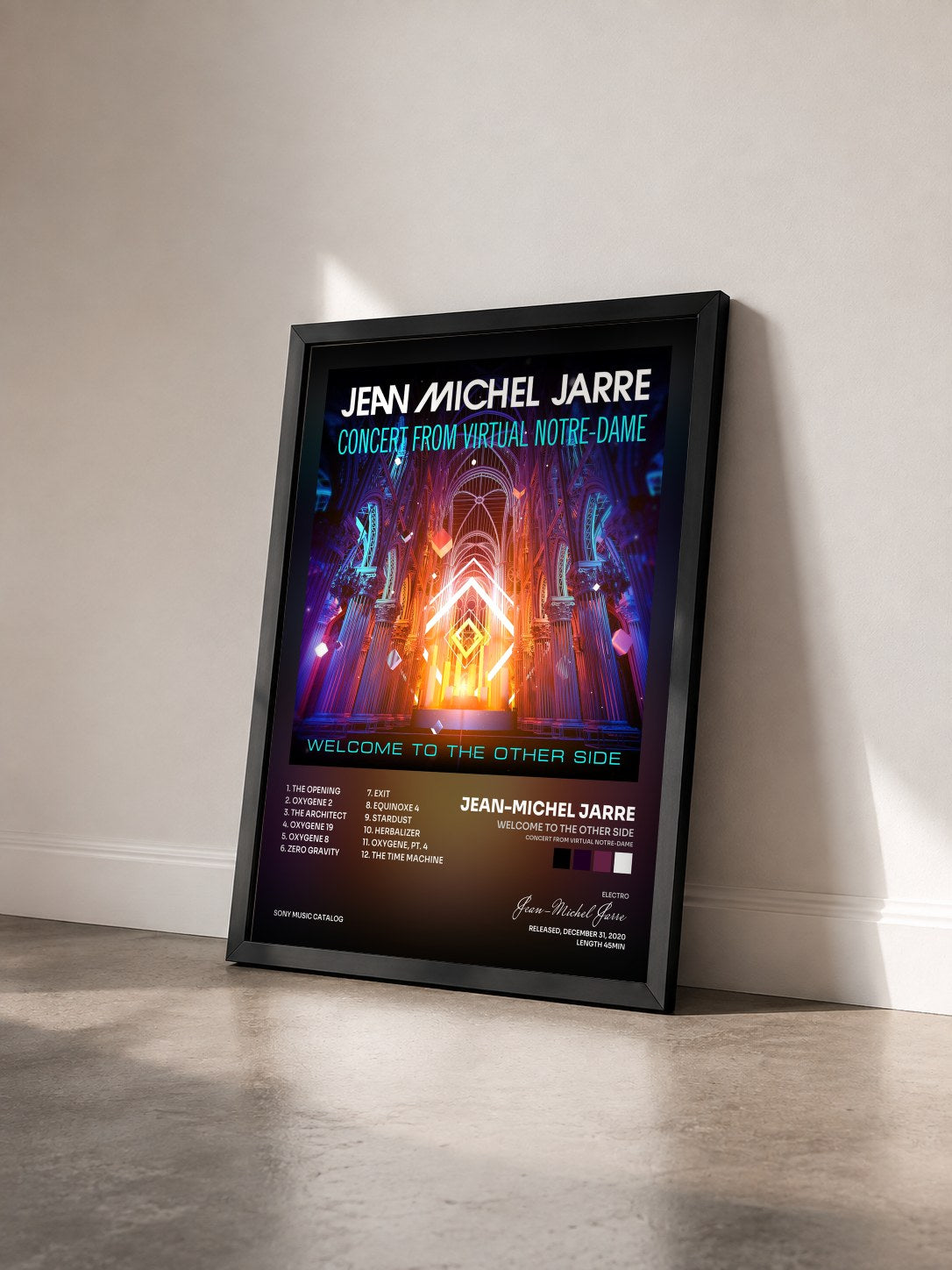 #noir Tableau de l'album Welcome To The Other Side (Concert From Virtual Notre-Dame) de Jean-Michel Jarre vu de trois quarts, cadre noir