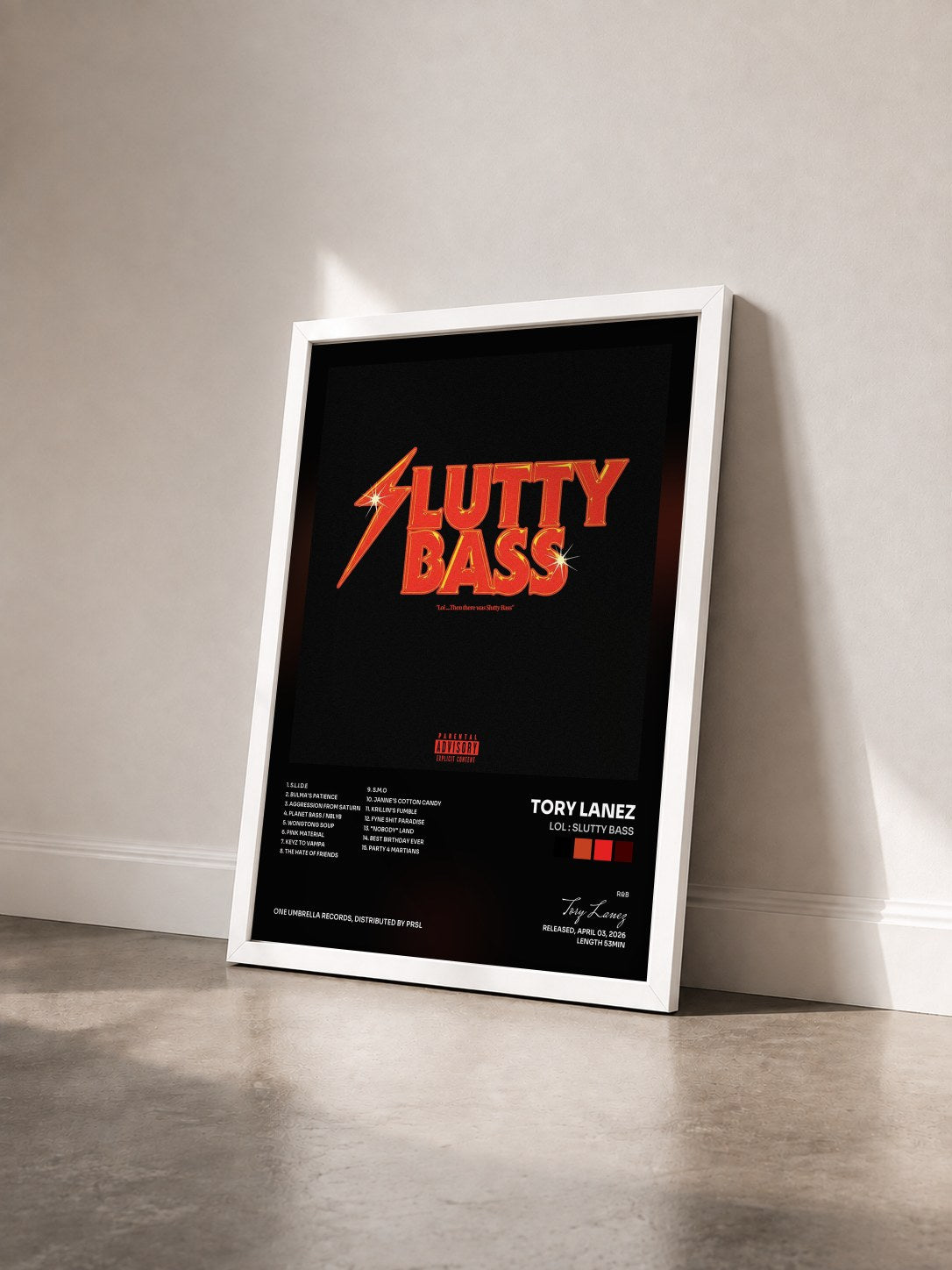 #blanc LOL : SLUTTY BASS by Tory Lanez as a framed art print seen at an angle, white frame
