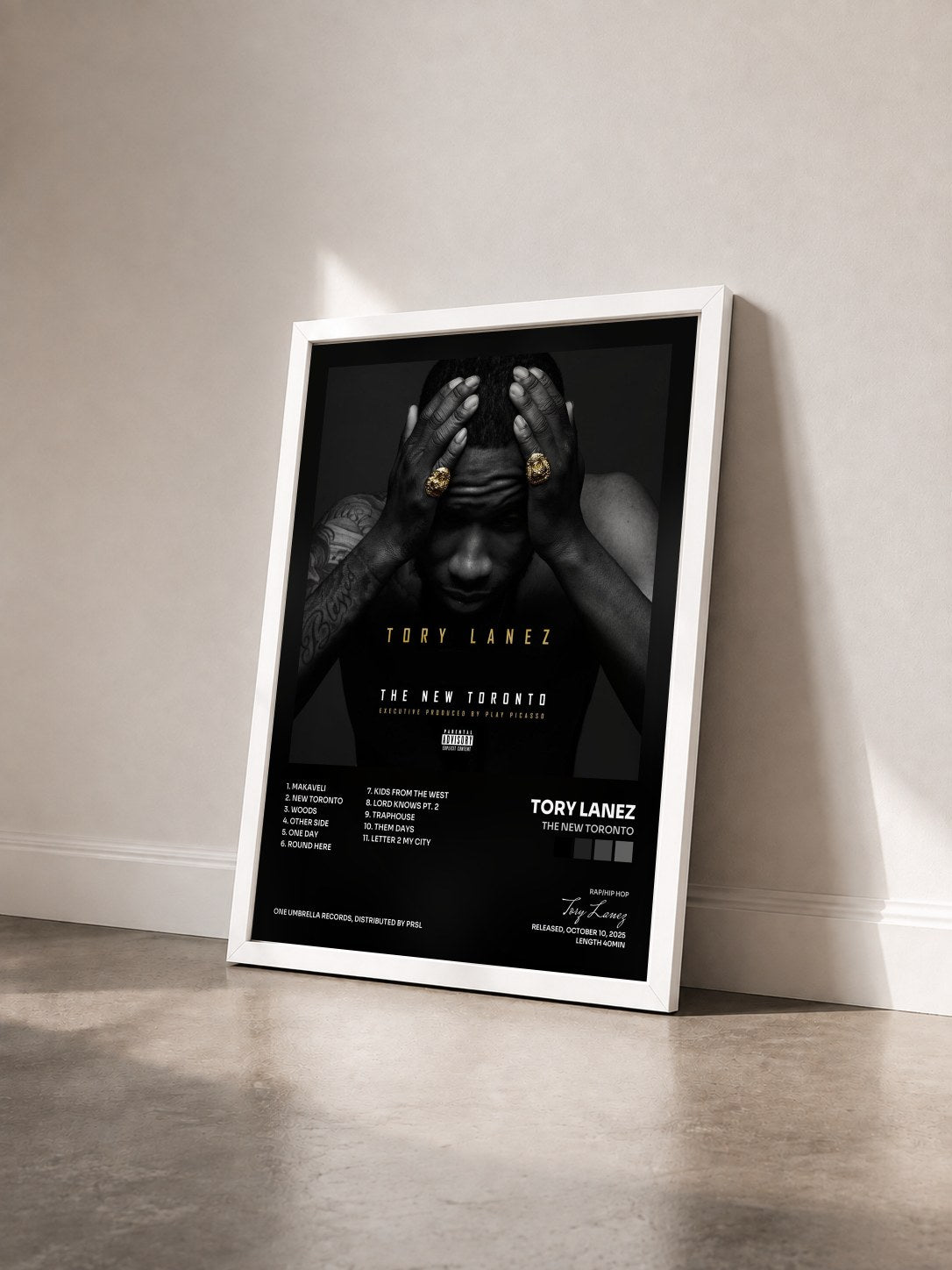 #blanc The New Toronto by Tory Lanez as a framed art print seen at an angle, white frame