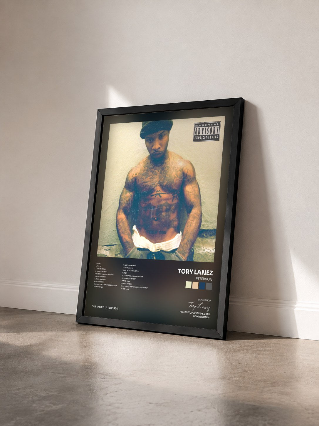 #noir PETERSON by Tory Lanez as a framed art print seen at an angle, black frame
