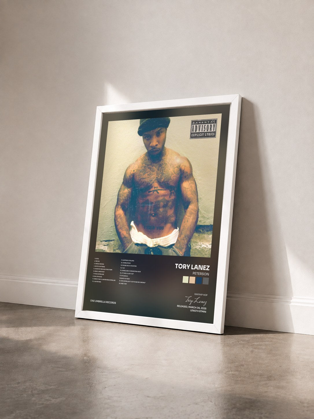 #blanc PETERSON by Tory Lanez as a framed art print seen at an angle, white frame